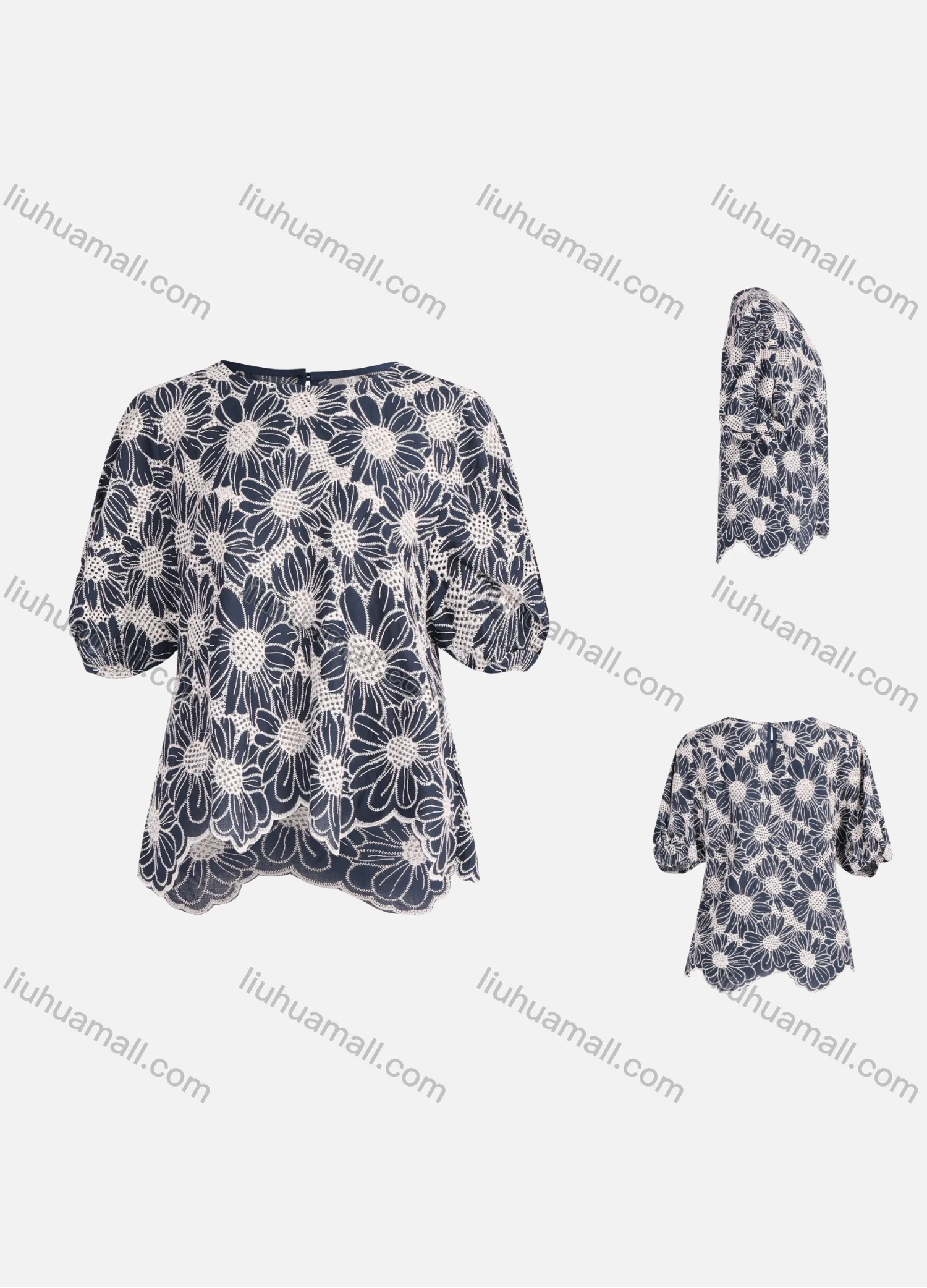 Wholesale Women's Casual Round Neck Keyhole Floral Embroidery Half Sleeve Scalloped Trim Asymmetrical Hem Blouse - Liuhuamall