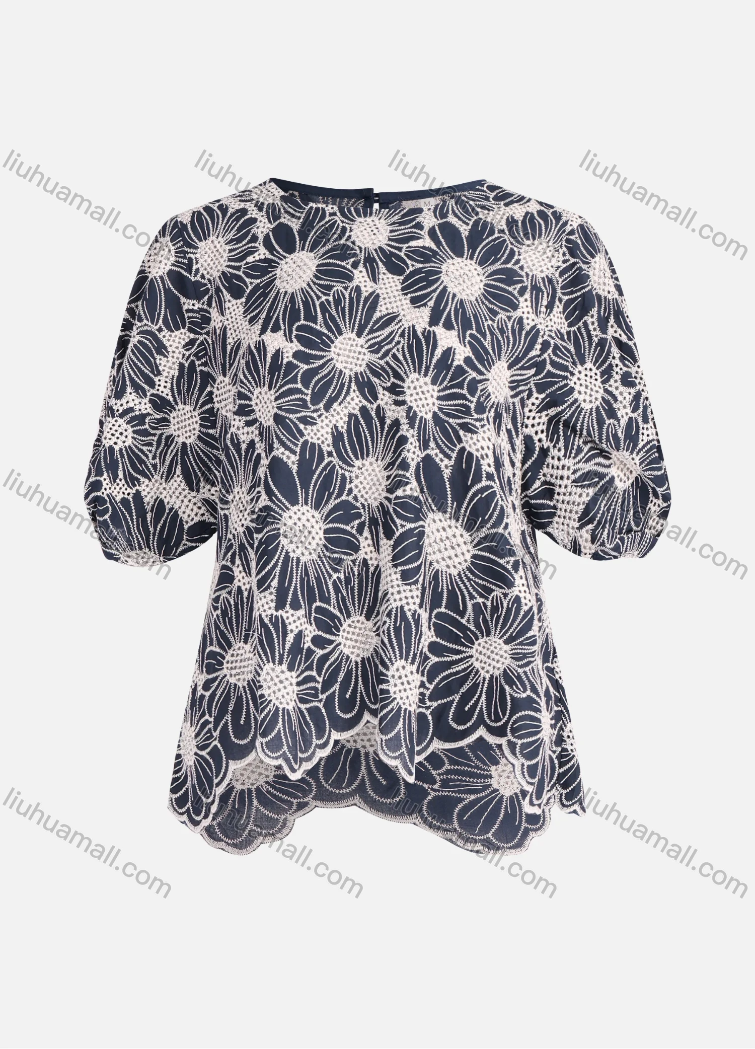 Wholesale Women's Casual Round Neck Keyhole Floral Embroidery Half Sleeve Scalloped Trim Asymmetrical Hem Blouse - Liuhuamall