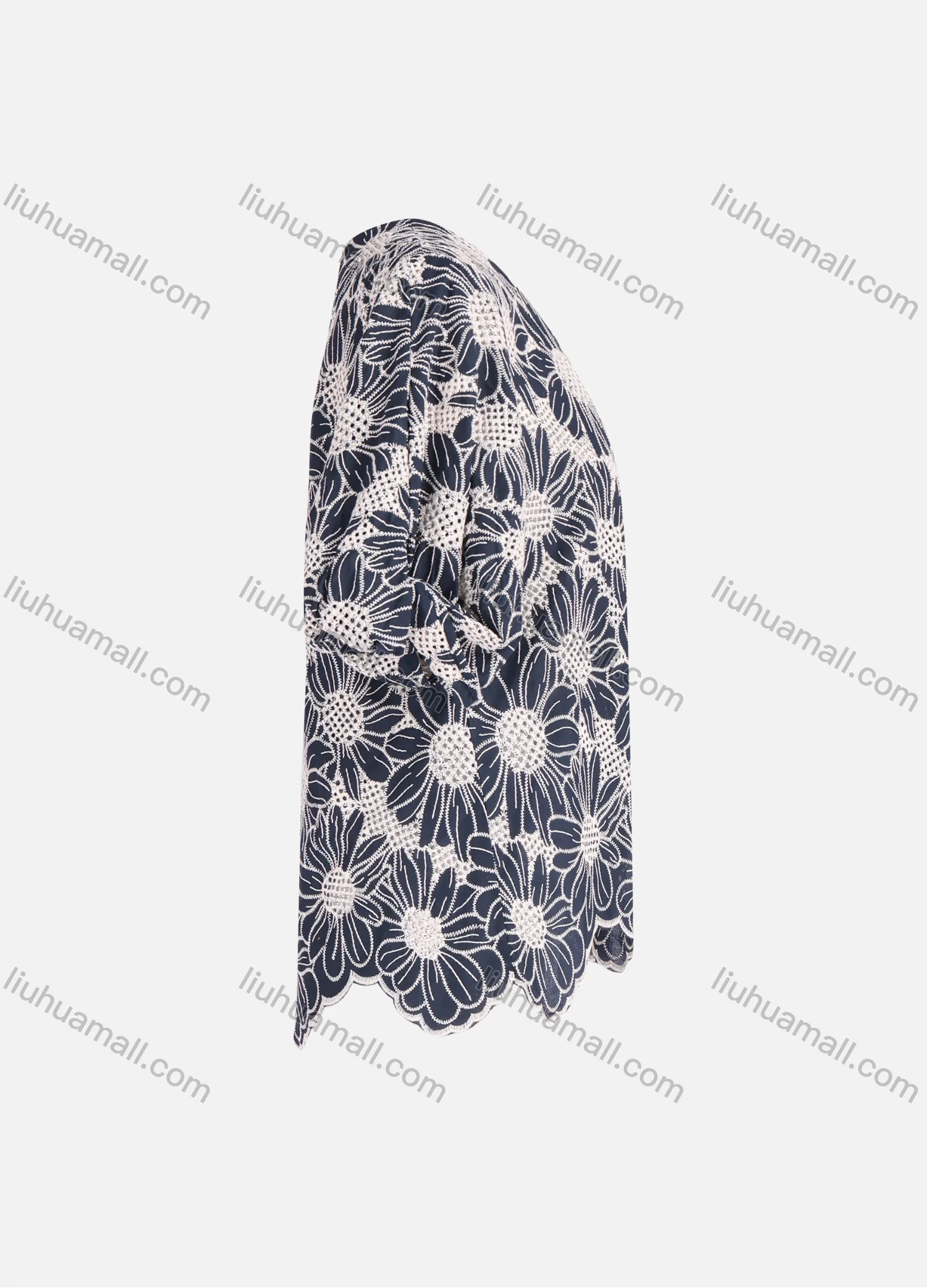 Wholesale Women's Casual Round Neck Keyhole Floral Embroidery Half Sleeve Scalloped Trim Asymmetrical Hem Blouse - Liuhuamall