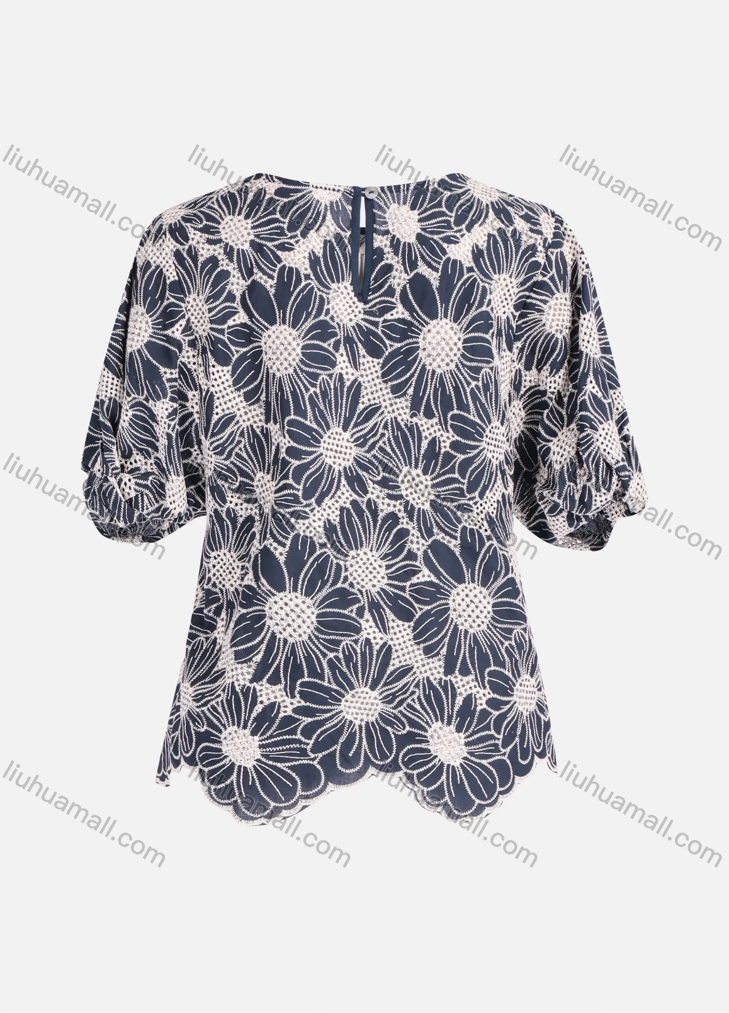Wholesale Women's Casual Round Neck Keyhole Floral Embroidery Half Sleeve Scalloped Trim Asymmetrical Hem Blouse - Liuhuamall