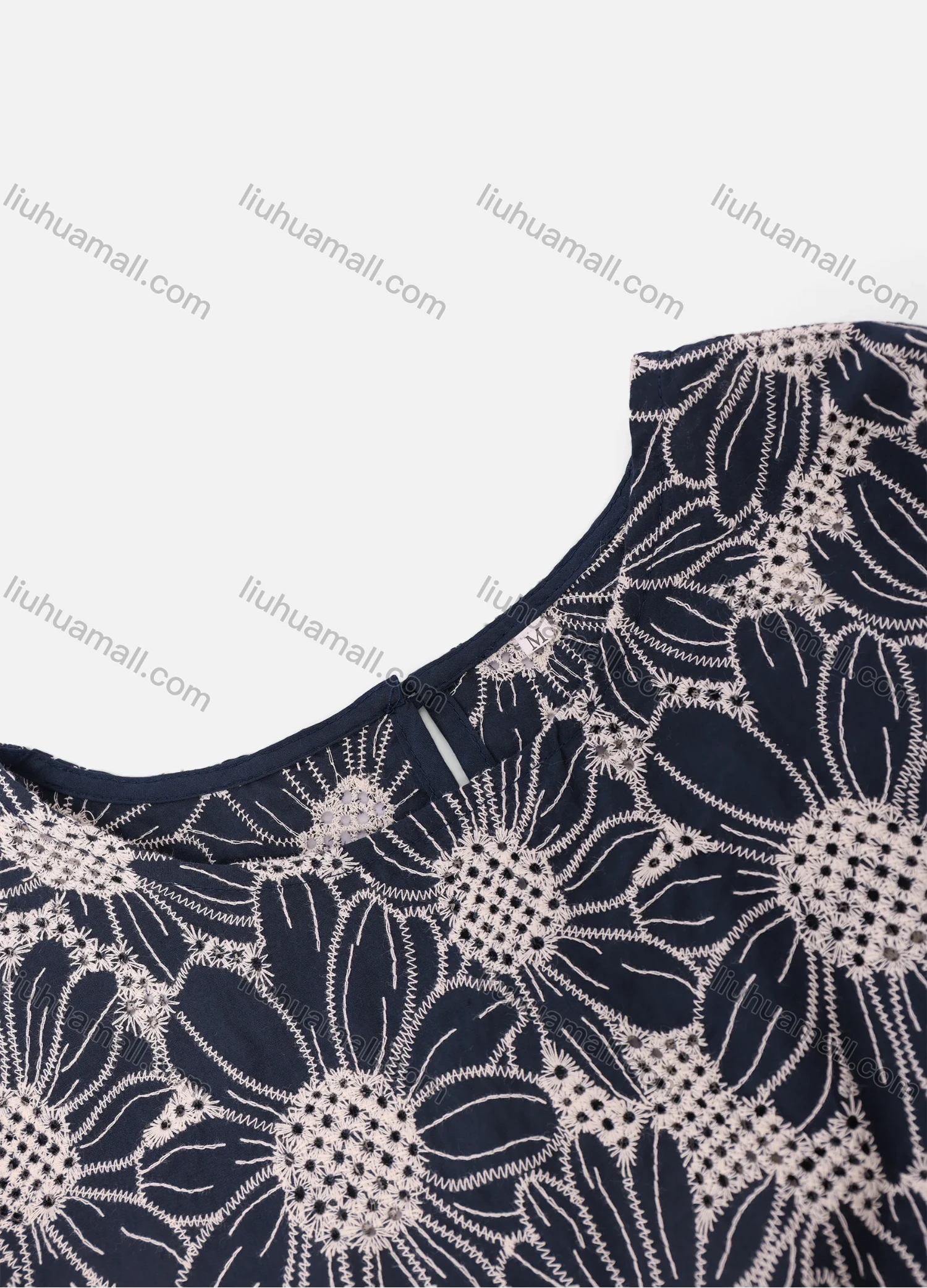 Wholesale Women's Casual Round Neck Keyhole Floral Embroidery Half Sleeve Scalloped Trim Asymmetrical Hem Blouse - Liuhuamall