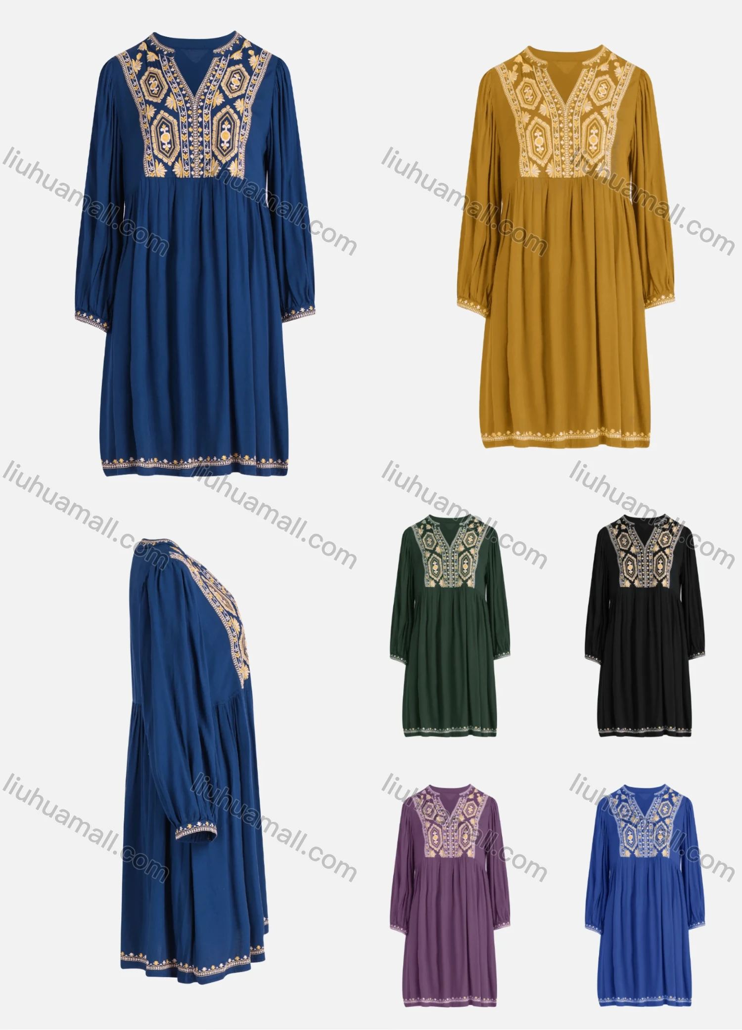 Wholesale Women's Casual Vintage Floral Embroidery Notched Neck Long Sleeve Midi Dress - Liuhuamall