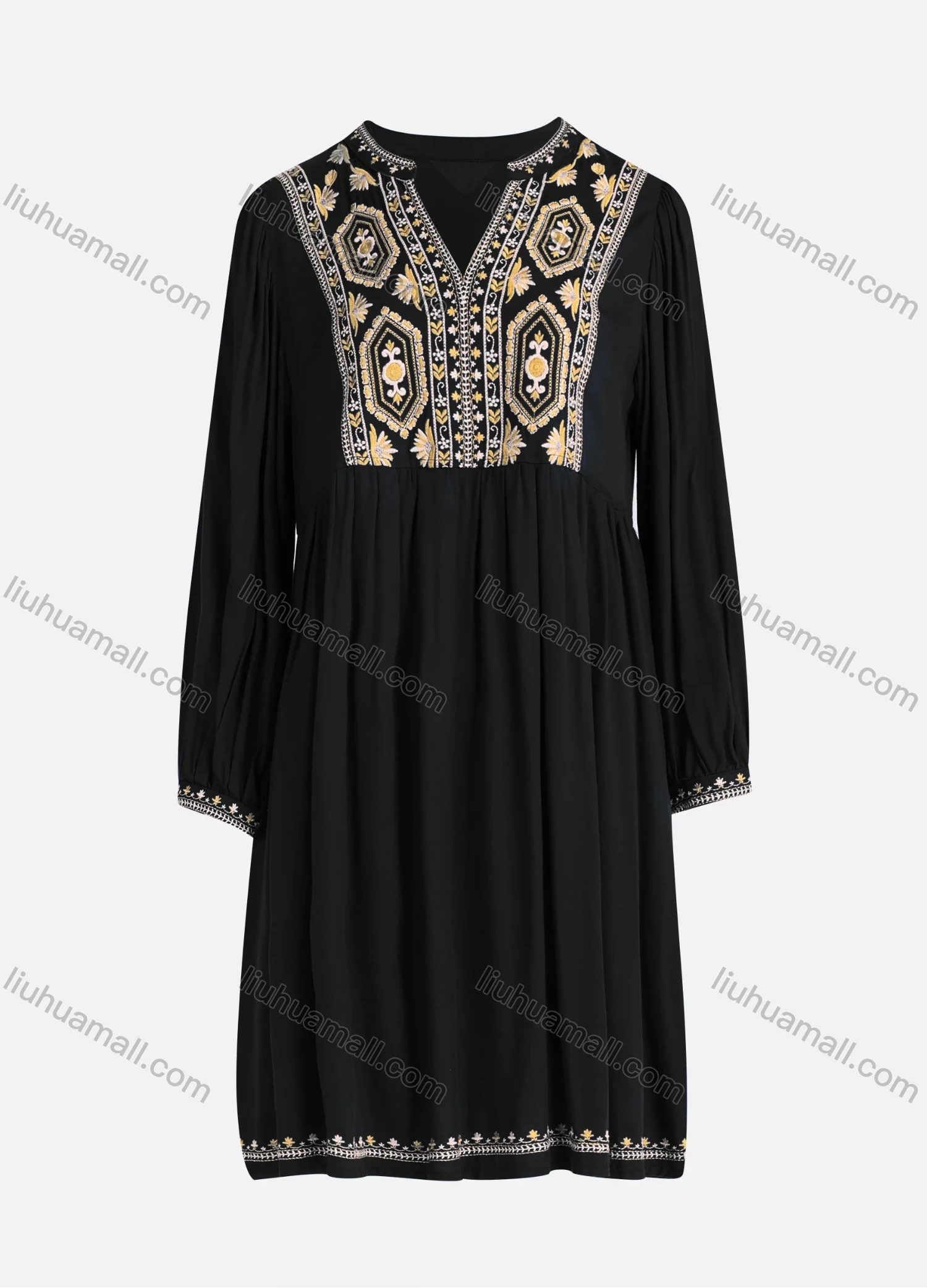 Wholesale Women's Casual Vintage Floral Embroidery Notched Neck Long Sleeve Midi Dress - Liuhuamall