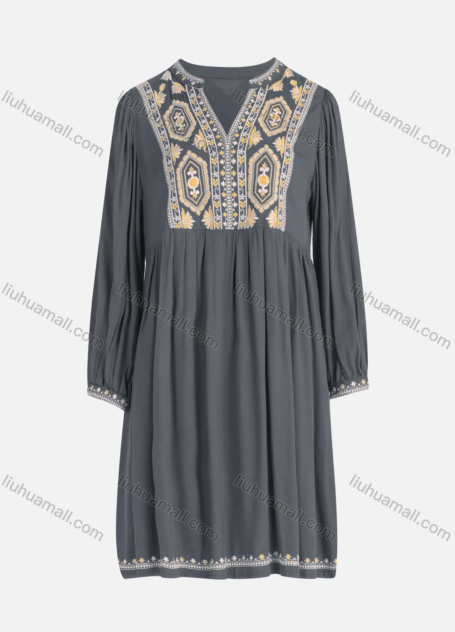 Wholesale Women's Casual Vintage Floral Embroidery Notched Neck Long Sleeve Midi Dress - Liuhuamall