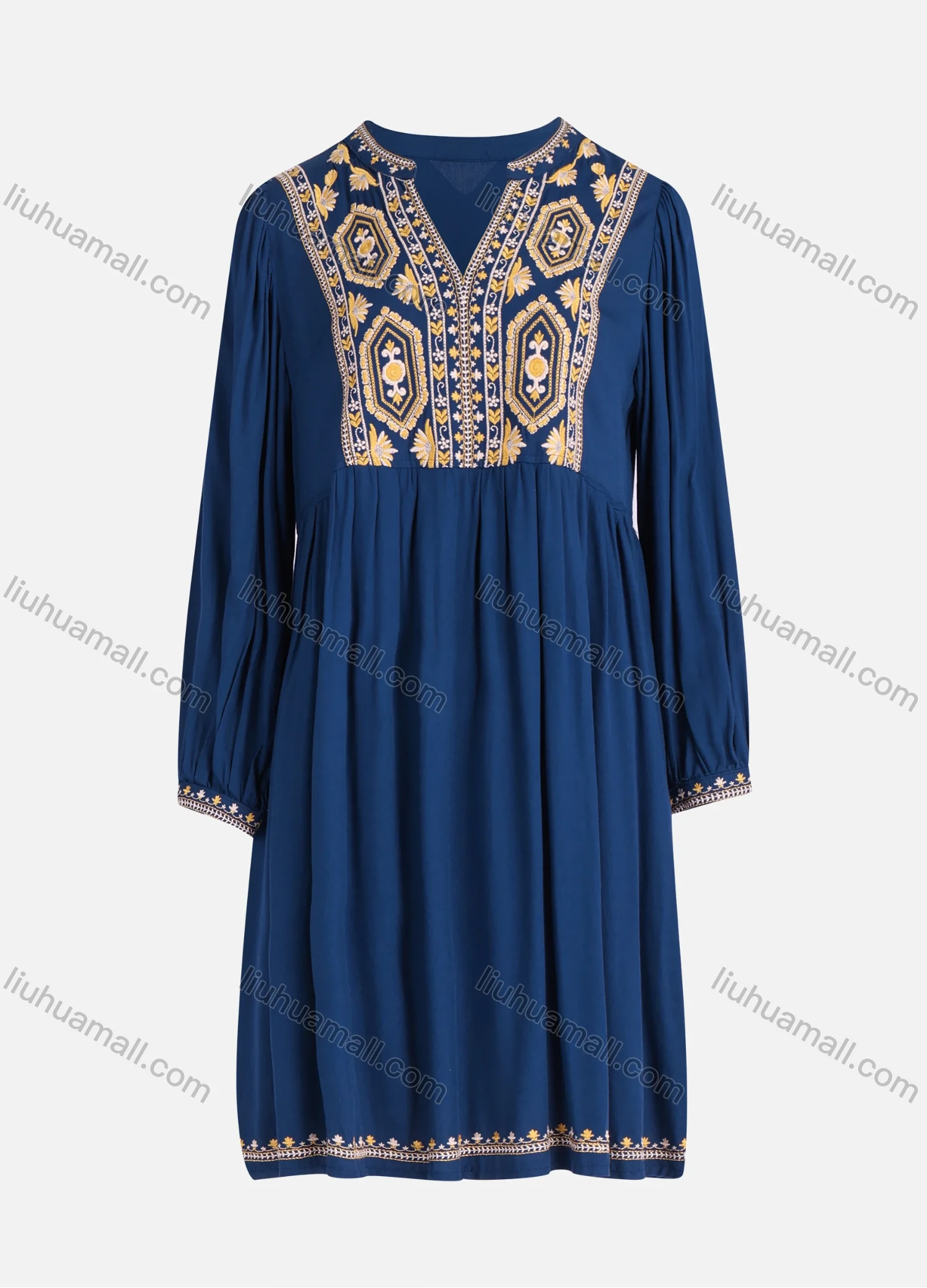 Wholesale Women's Casual Vintage Floral Embroidery Notched Neck Long Sleeve Midi Dress - Liuhuamall