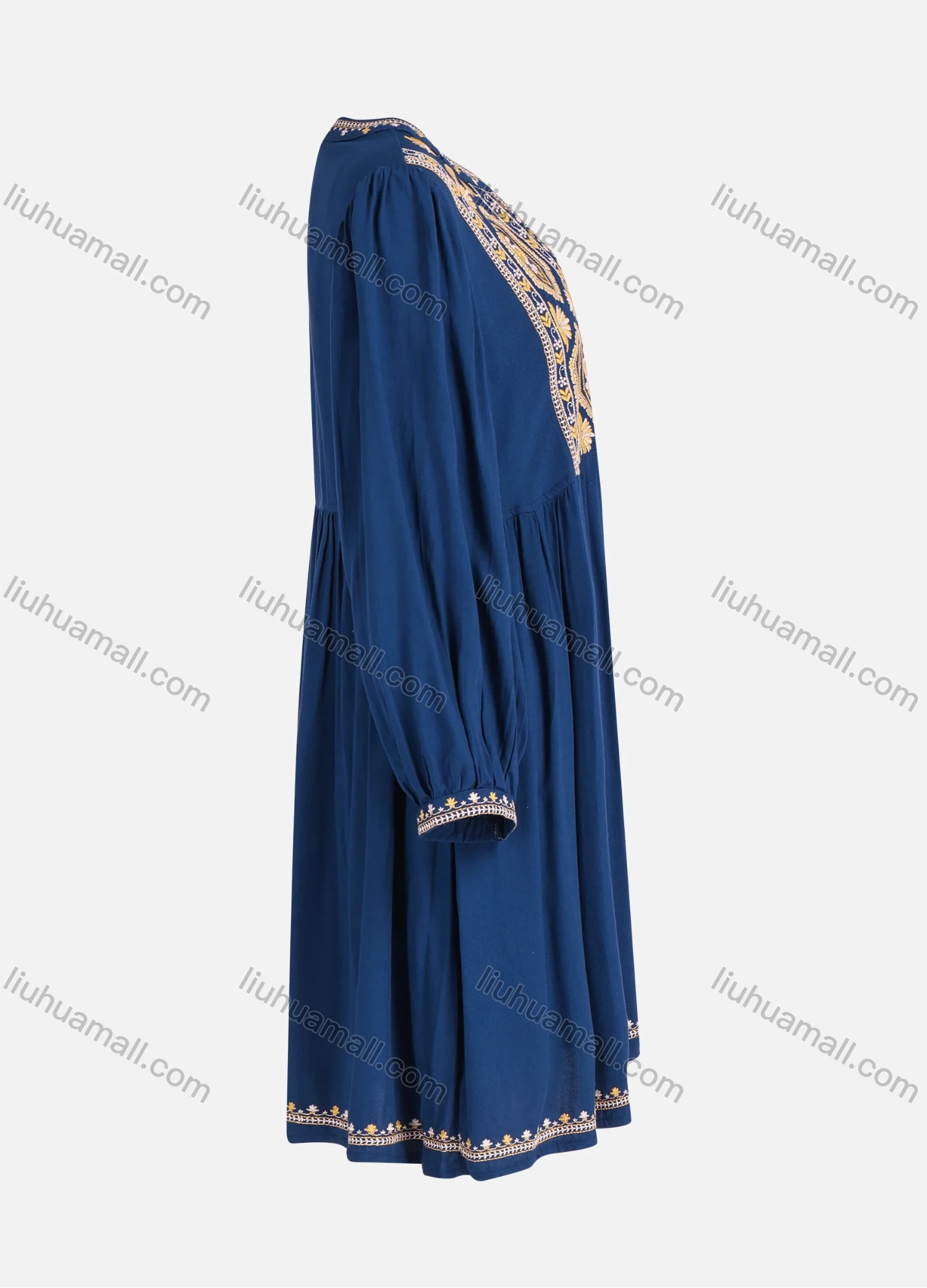 Wholesale Women's Casual Vintage Floral Embroidery Notched Neck Long Sleeve Midi Dress - Liuhuamall