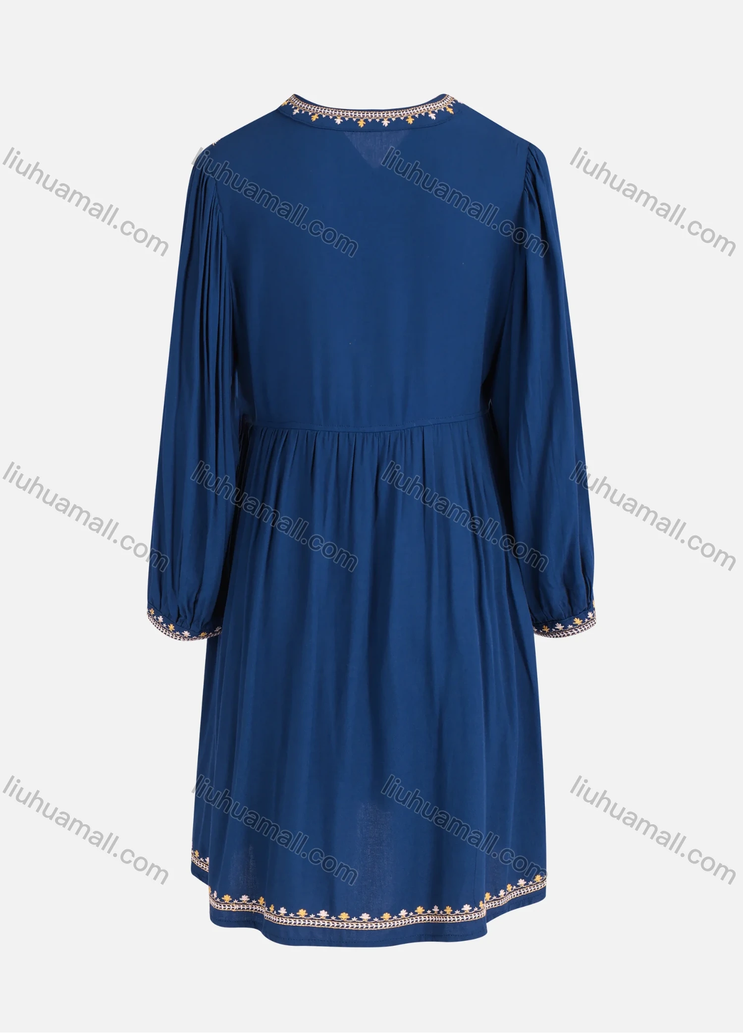 Wholesale Women's Casual Vintage Floral Embroidery Notched Neck Long Sleeve Midi Dress - Liuhuamall