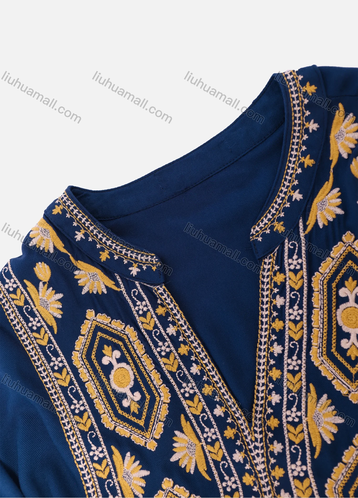 Wholesale Women's Casual Vintage Floral Embroidery Notched Neck Long Sleeve Midi Dress - Liuhuamall
