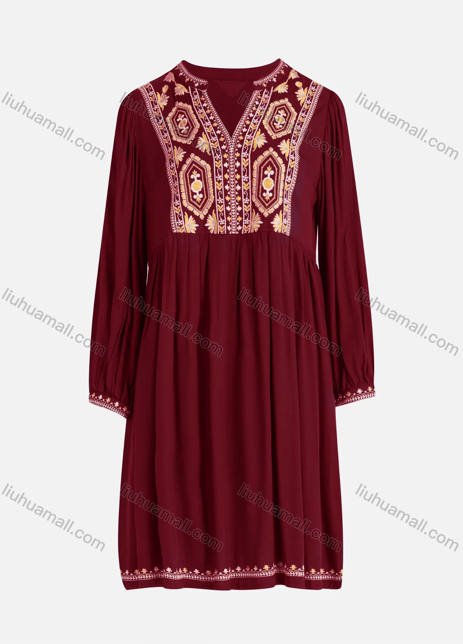 Wholesale Women's Casual Vintage Floral Embroidery Notched Neck Long Sleeve Midi Dress - Liuhuamall