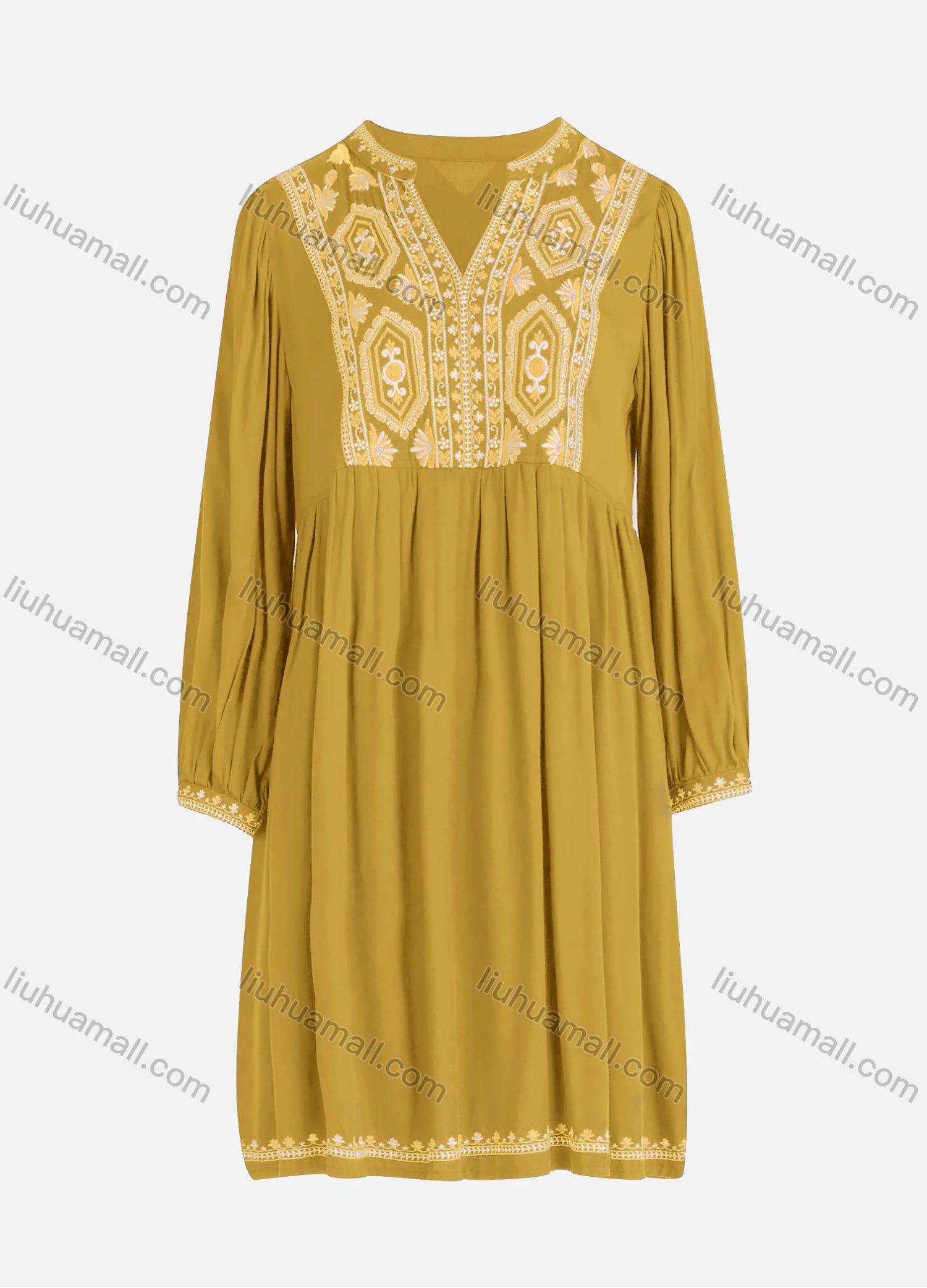 Wholesale Women's Casual Vintage Floral Embroidery Notched Neck Long Sleeve Midi Dress - Liuhuamall