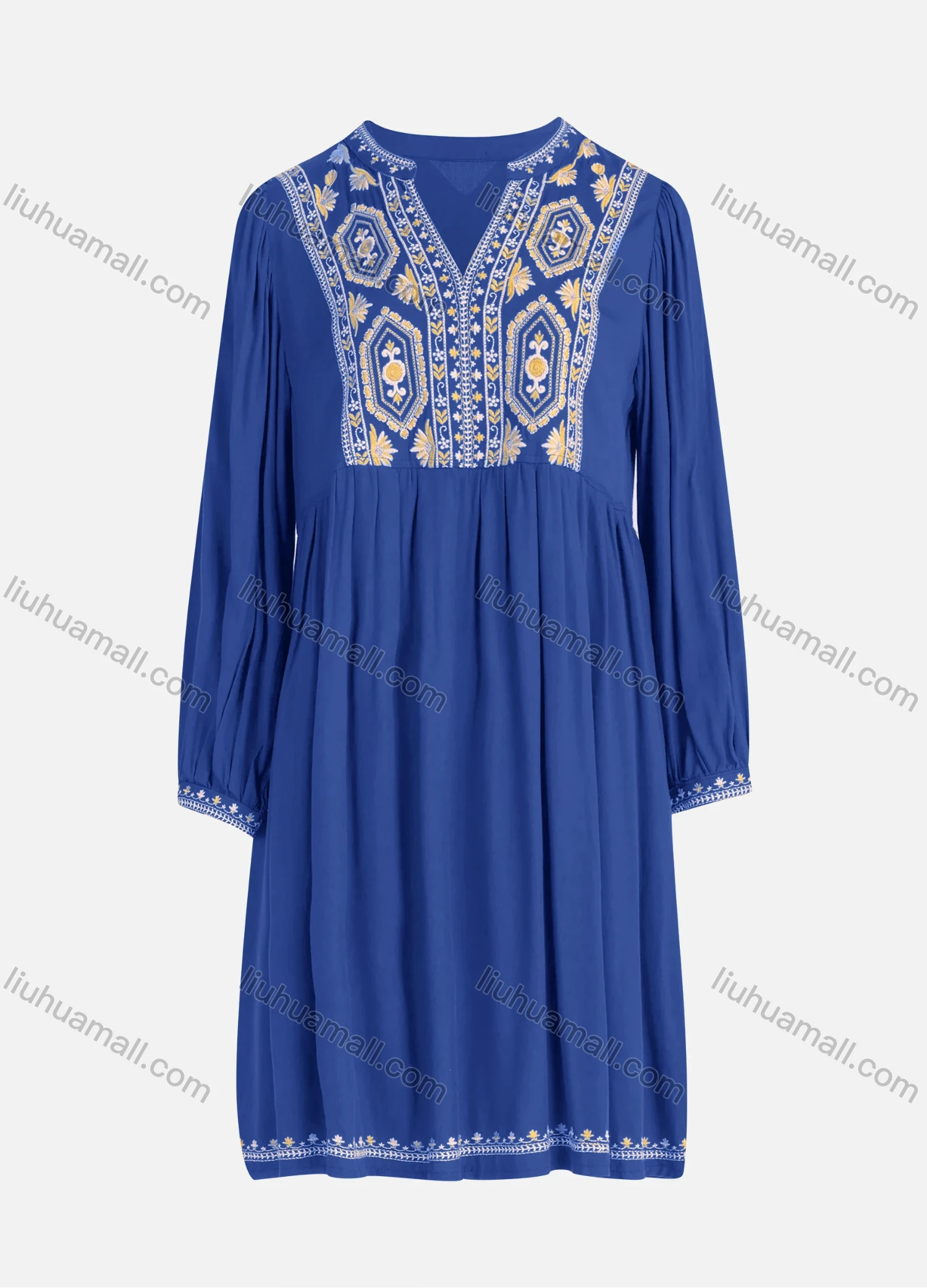 Wholesale Women's Casual Vintage Floral Embroidery Notched Neck Long Sleeve Midi Dress - Liuhuamall