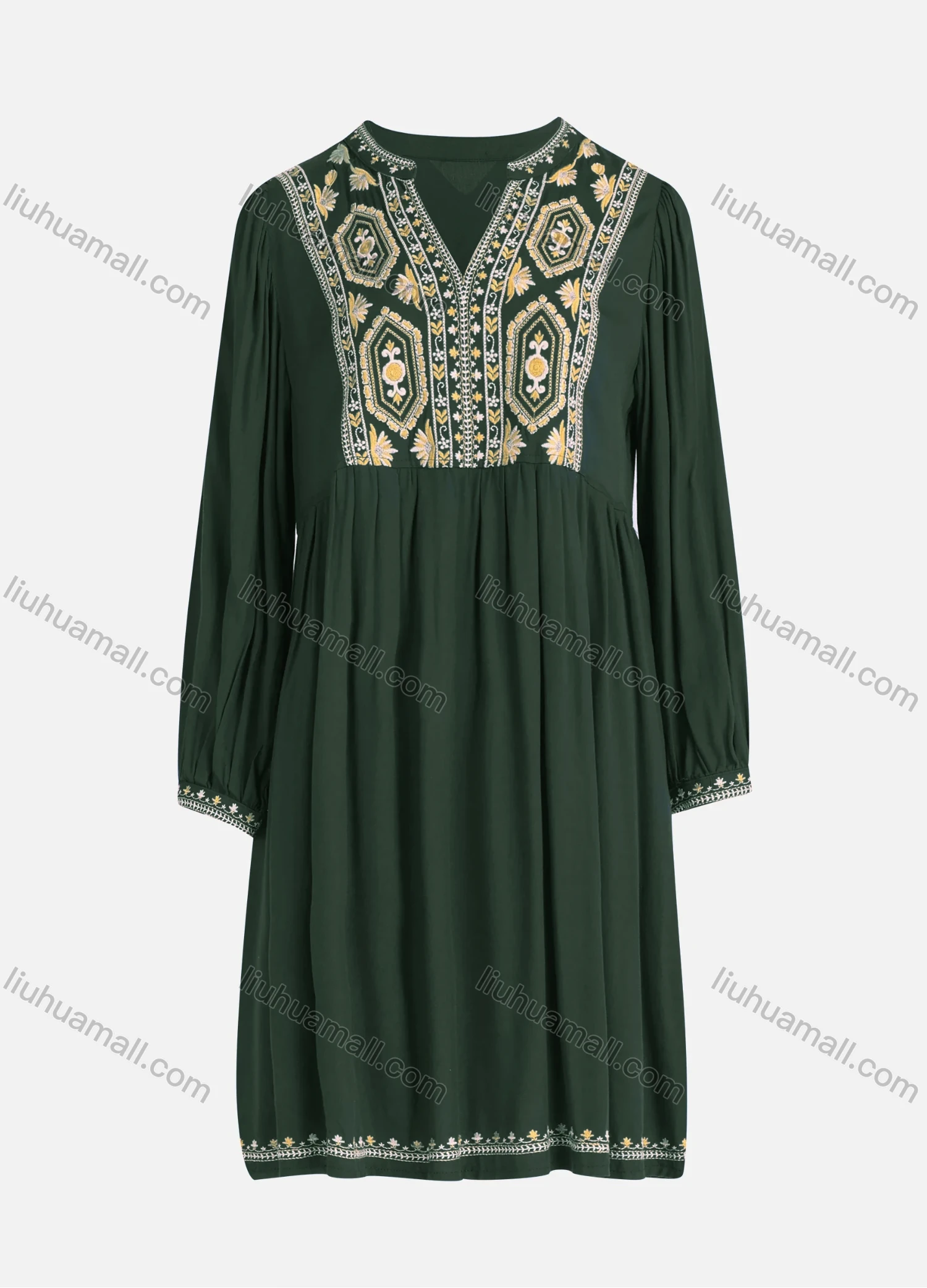 Wholesale Women's Casual Vintage Floral Embroidery Notched Neck Long Sleeve Midi Dress - Liuhuamall
