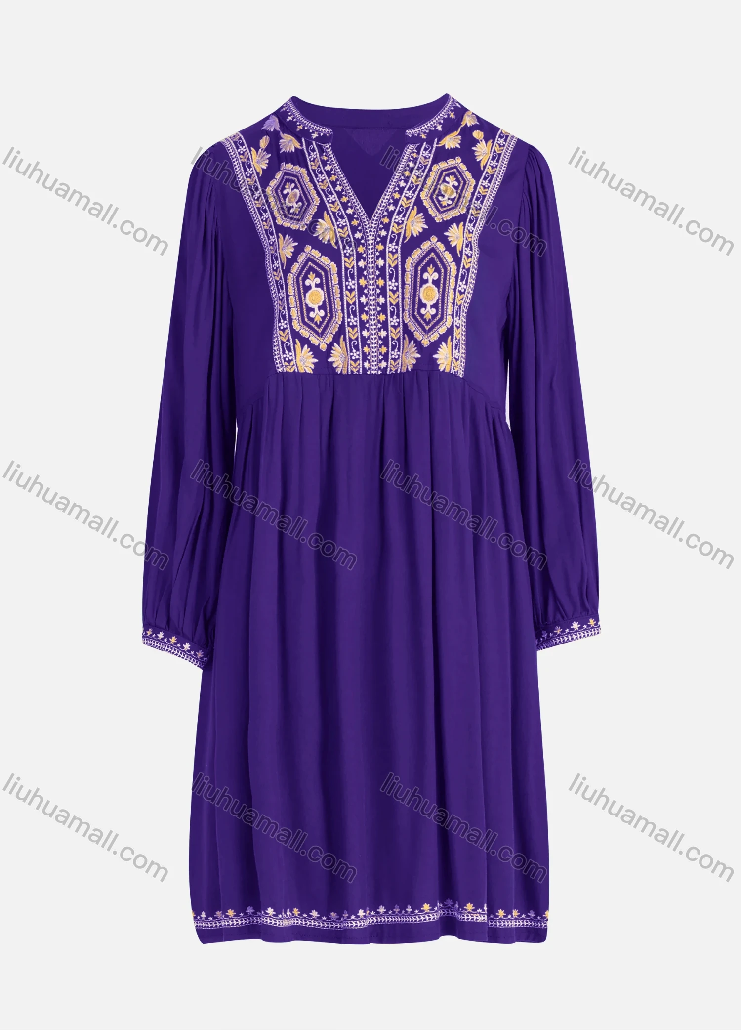 Wholesale Women's Casual Vintage Floral Embroidery Notched Neck Long Sleeve Midi Dress - Liuhuamall