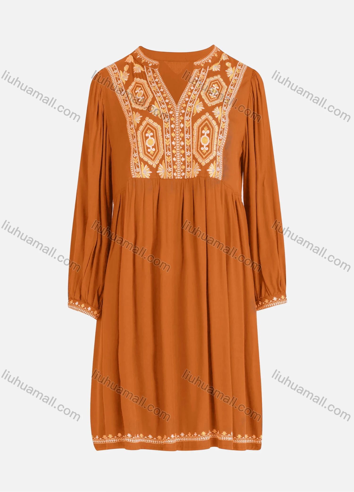 Wholesale Women's Casual Vintage Floral Embroidery Notched Neck Long Sleeve Midi Dress - Liuhuamall