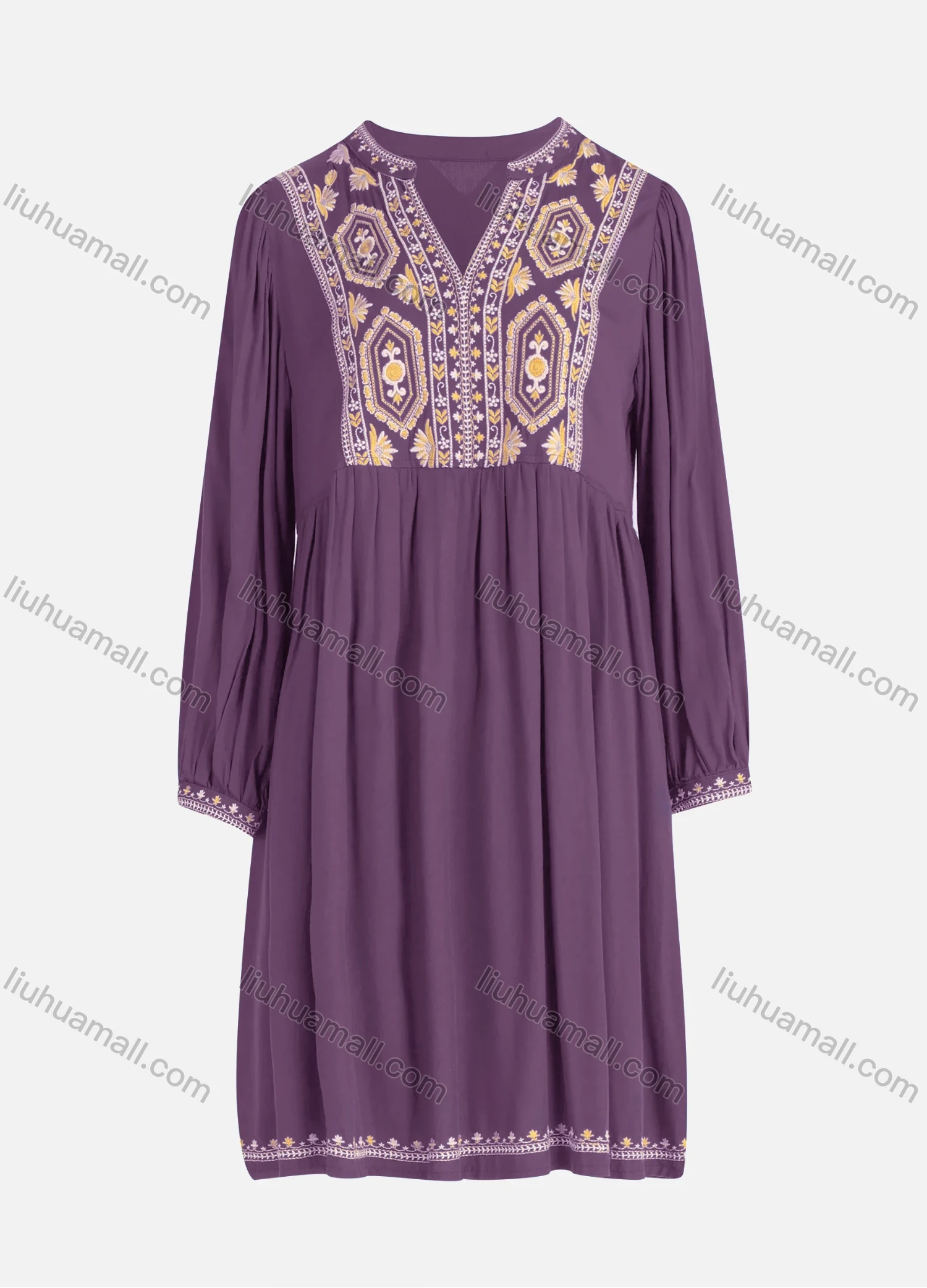Wholesale Women's Casual Vintage Floral Embroidery Notched Neck Long Sleeve Midi Dress - Liuhuamall