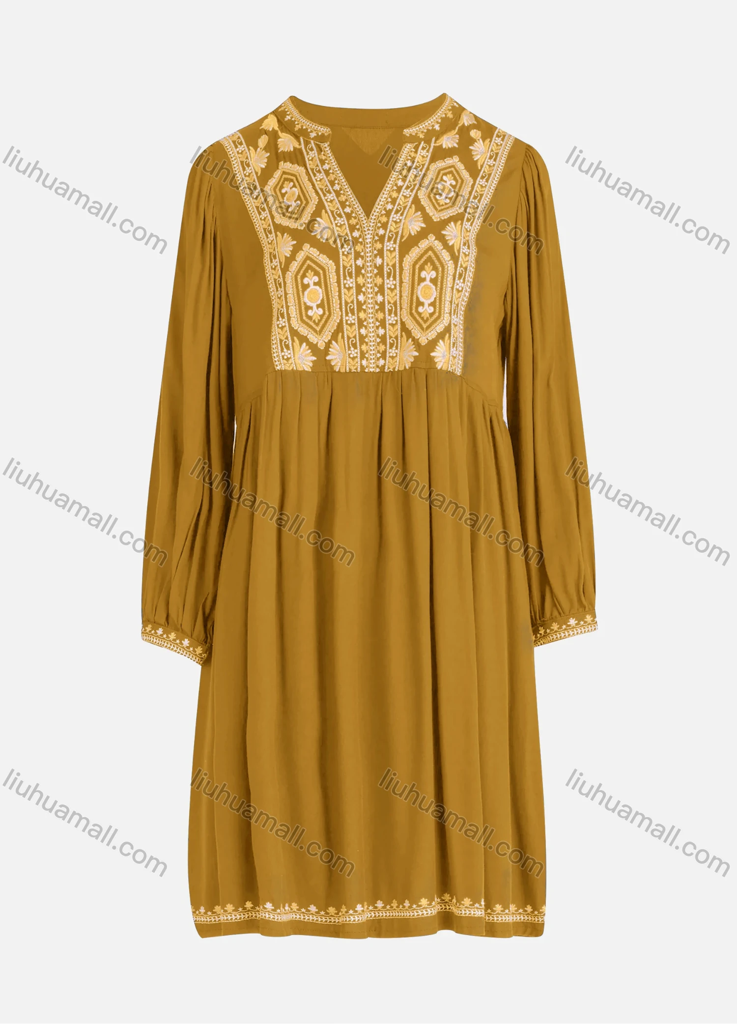 Wholesale Women's Casual Vintage Floral Embroidery Notched Neck Long Sleeve Midi Dress - Liuhuamall