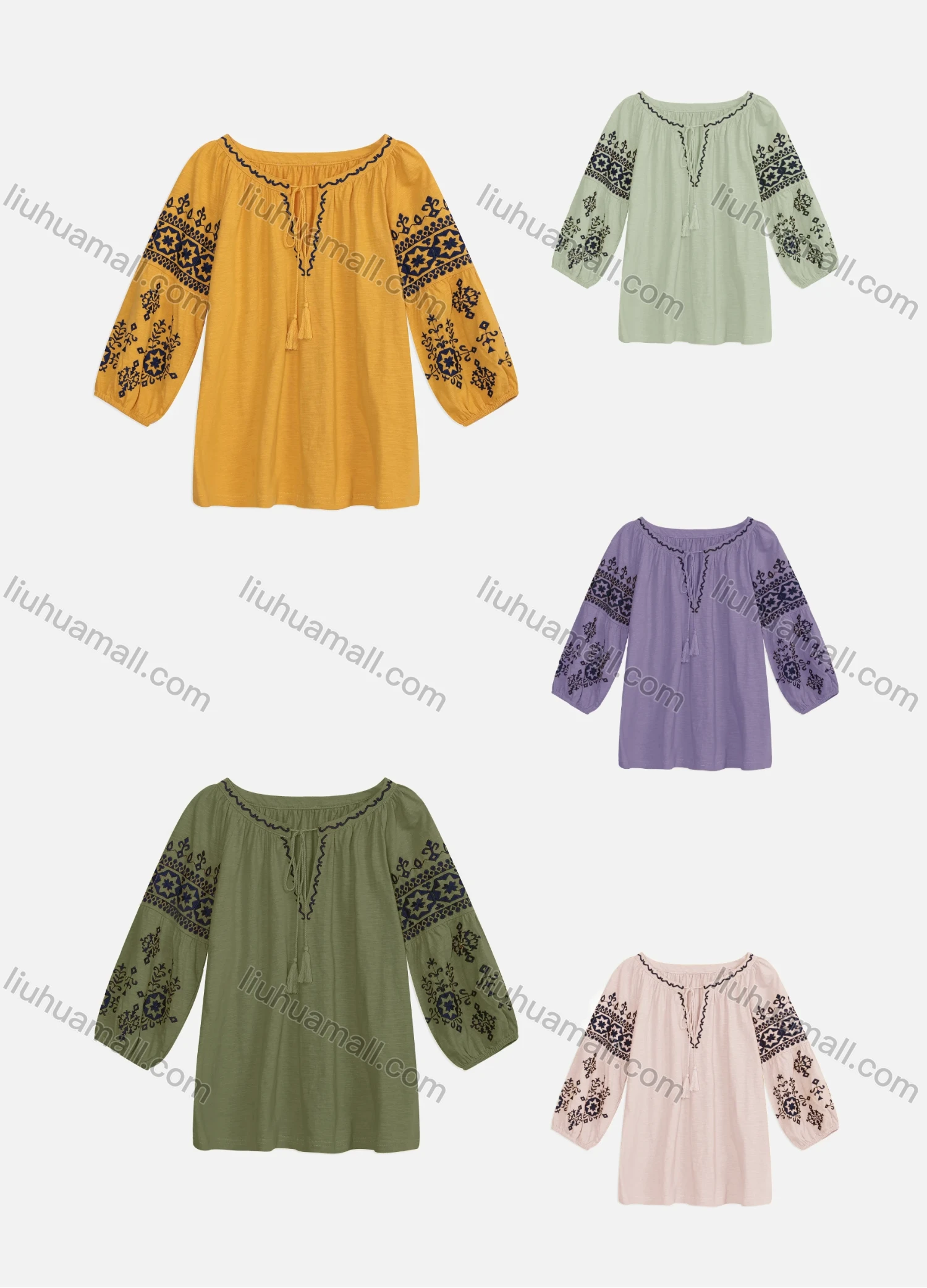 Wholesale Women's Casual Tie Neck Embroidery Long Sleeve Knitted Blouse - Liuhuamall
