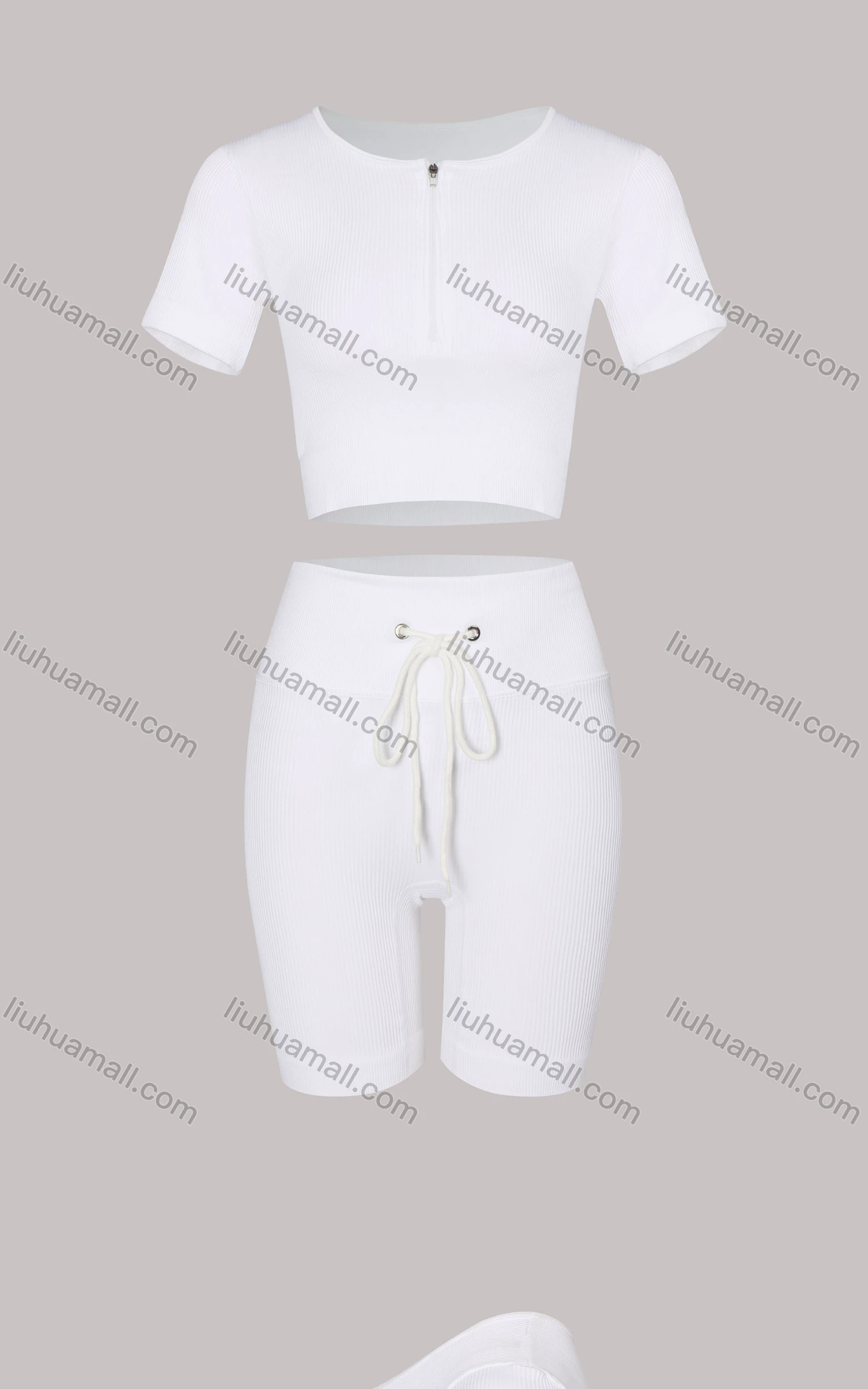 Wholesale Women's Sporty Half Zip Ribbed Crop Top & High Stretch Shorts 2-piece Set - Liuhuamall