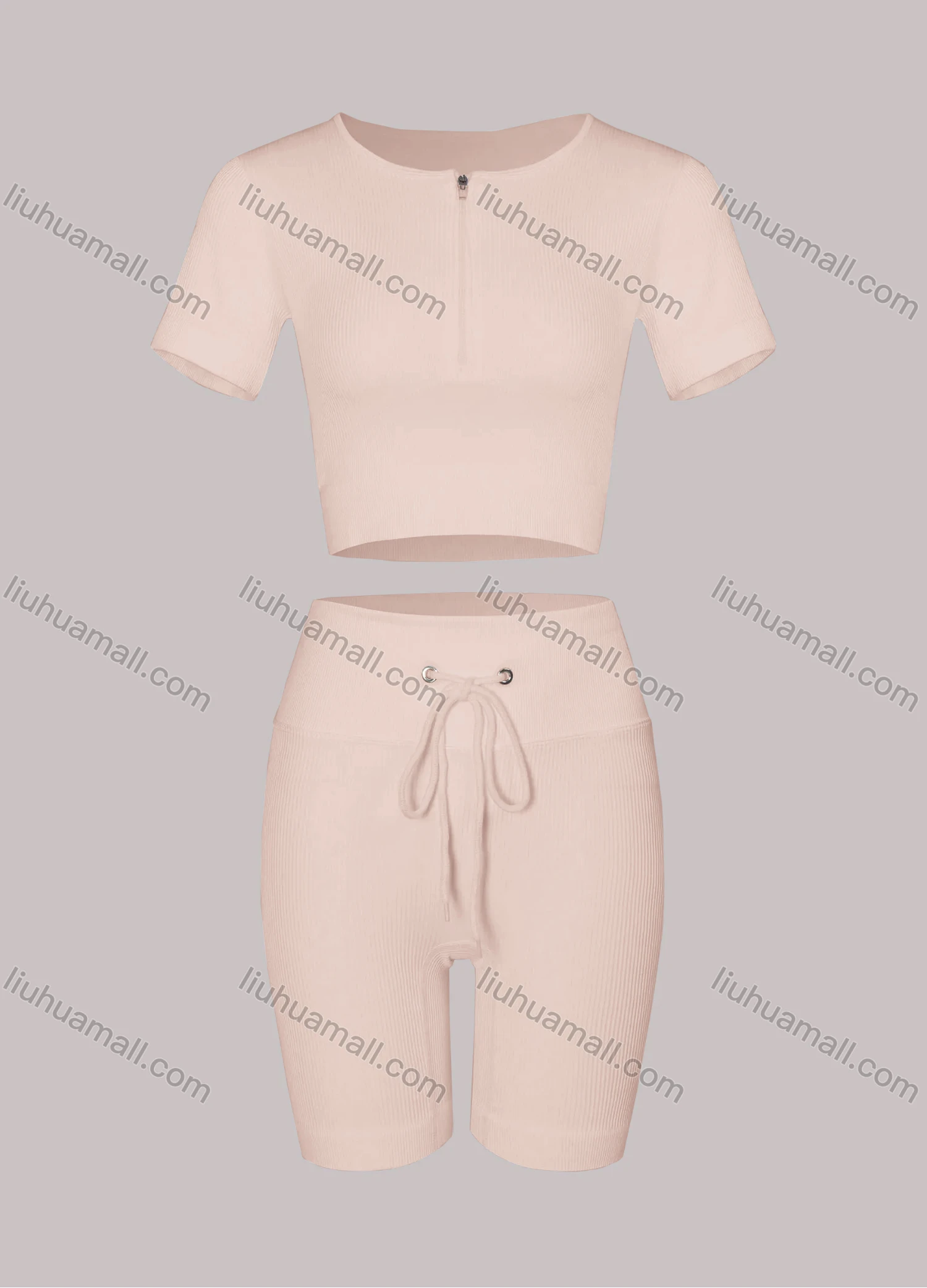 Wholesale Women's Sporty Half Zip Ribbed Crop Top & High Stretch Shorts 2-piece Set - Liuhuamall