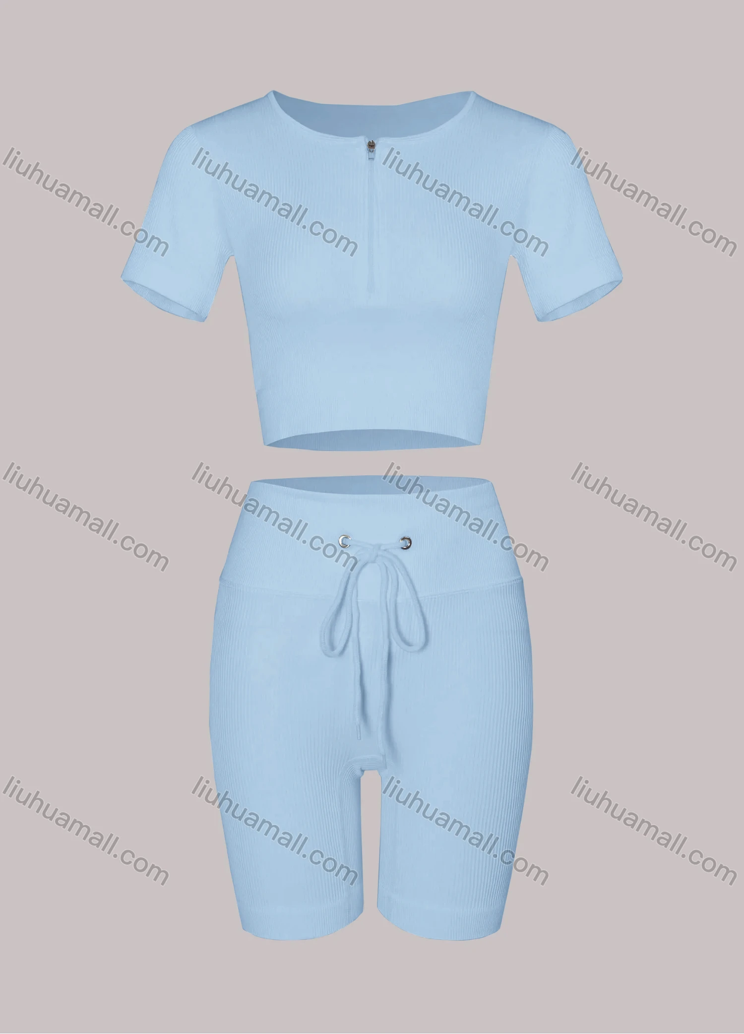 Wholesale Women's Sporty Half Zip Ribbed Crop Top & High Stretch Shorts 2-piece Set - Liuhuamall