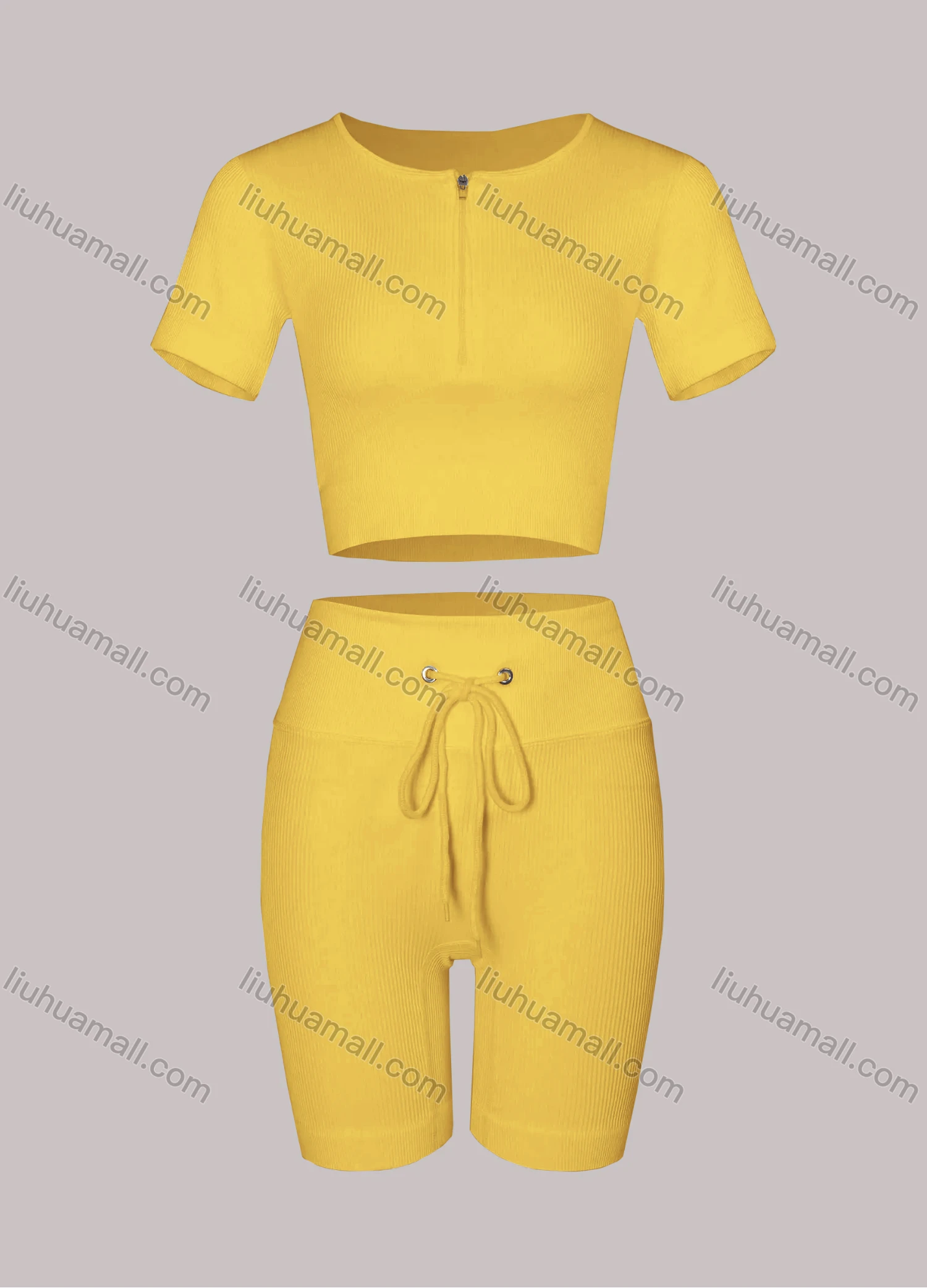 Wholesale Women's Sporty Half Zip Ribbed Crop Top & High Stretch Shorts 2-piece Set - Liuhuamall