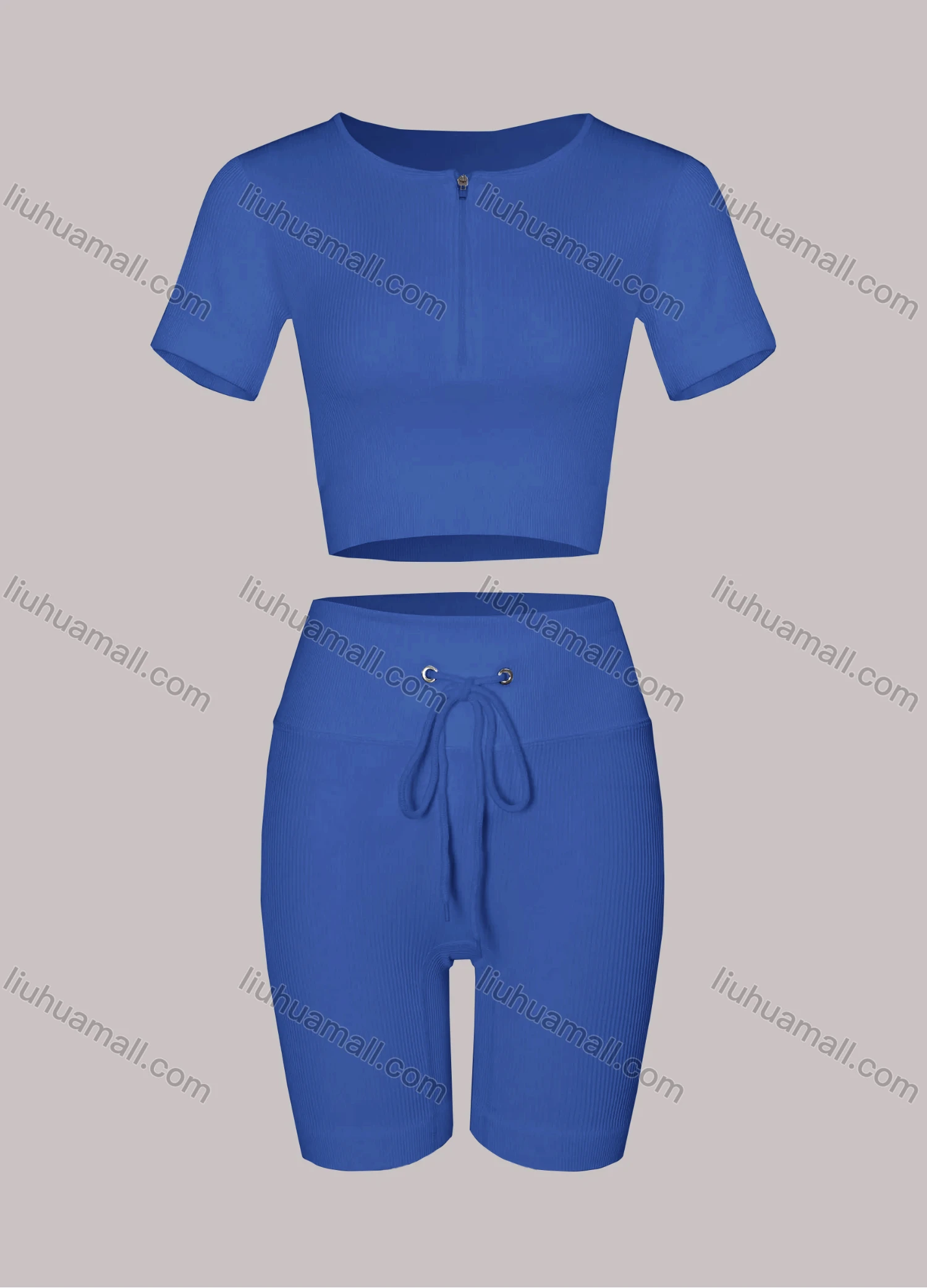 Wholesale Women's Sporty Half Zip Ribbed Crop Top & High Stretch Shorts 2-piece Set - Liuhuamall