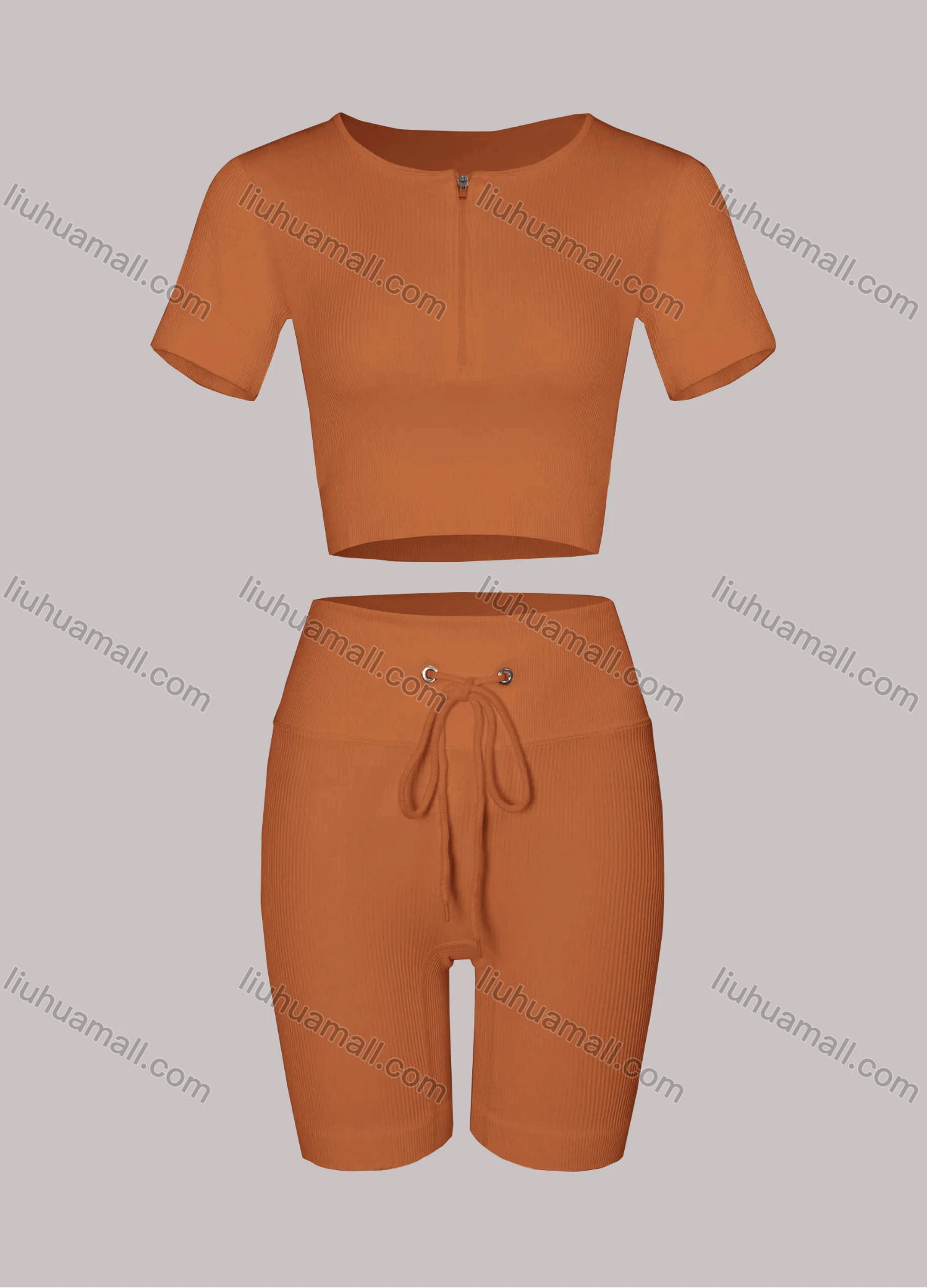 Wholesale Women's Sporty Half Zip Ribbed Crop Top & High Stretch Shorts 2-piece Set - Liuhuamall