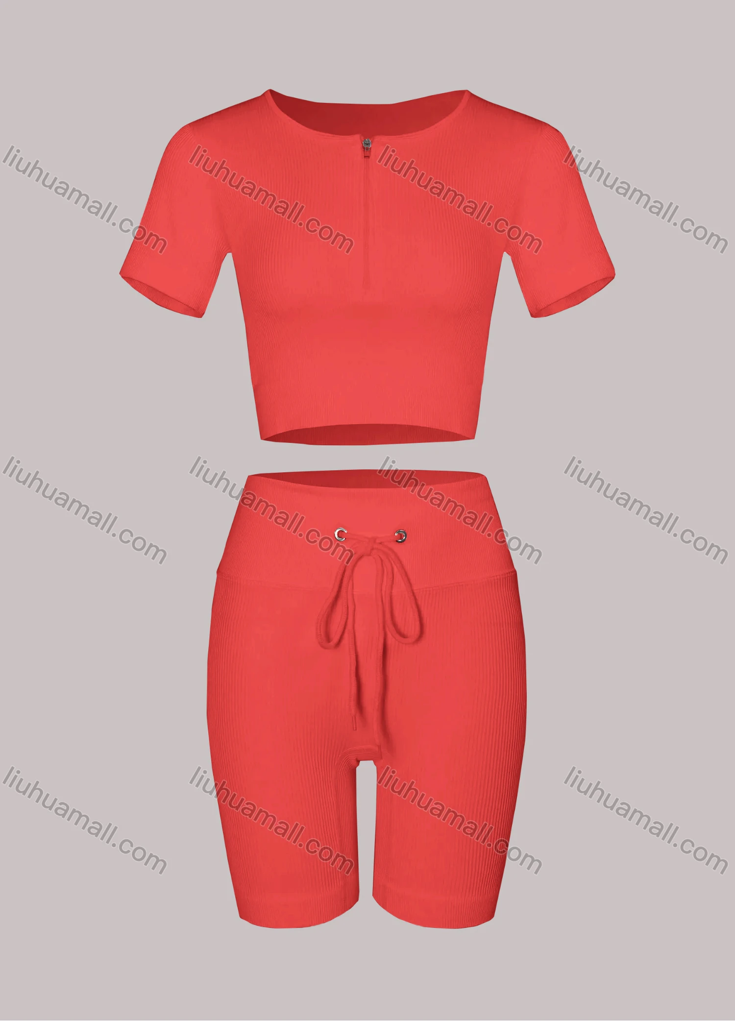 Wholesale Women's Sporty Half Zip Ribbed Crop Top & High Stretch Shorts 2-piece Set - Liuhuamall