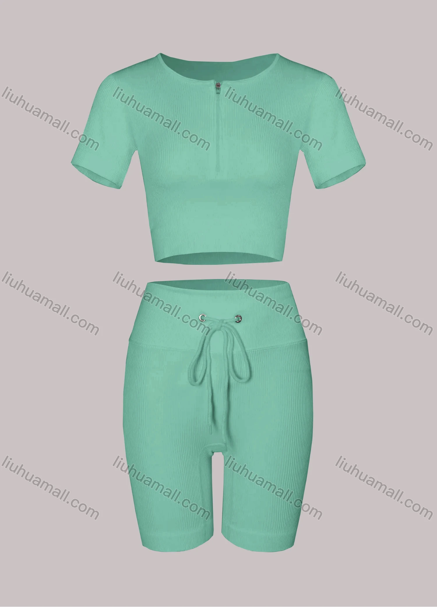 Wholesale Women's Sporty Half Zip Ribbed Crop Top & High Stretch Shorts 2-piece Set - Liuhuamall