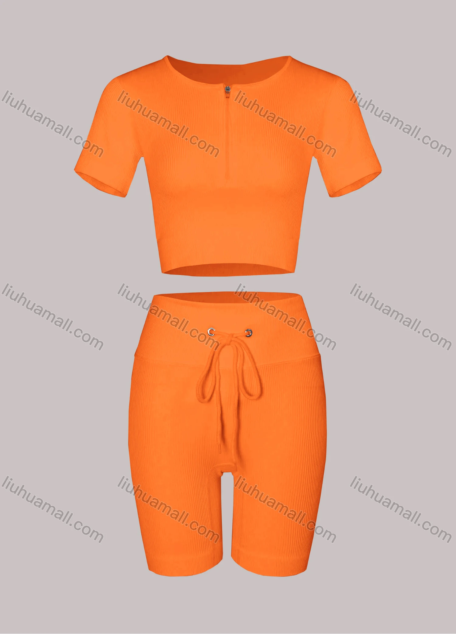 Wholesale Women's Sporty Half Zip Ribbed Crop Top & High Stretch Shorts 2-piece Set - Liuhuamall