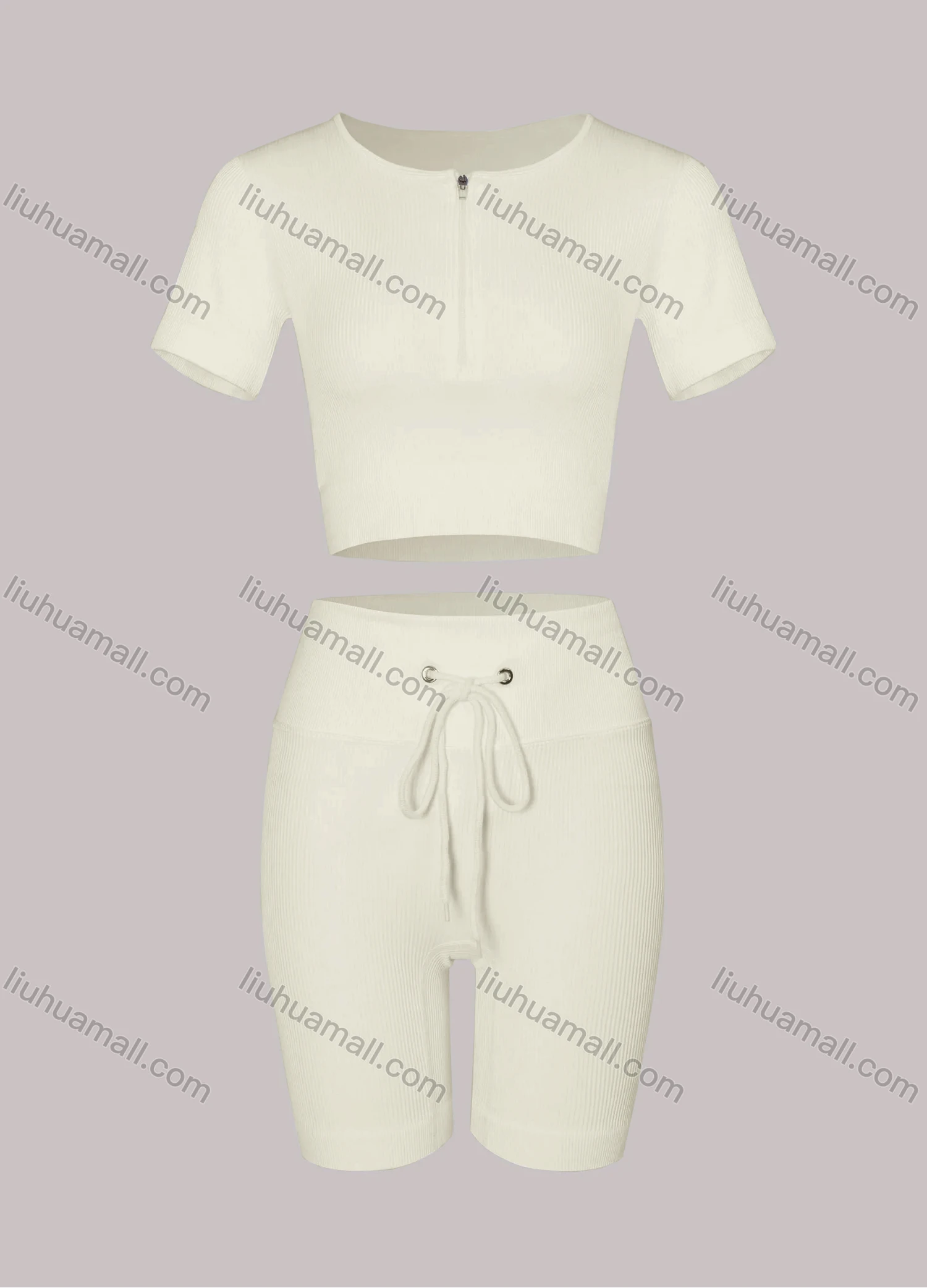 Wholesale Women's Sporty Half Zip Ribbed Crop Top & High Stretch Shorts 2-piece Set - Liuhuamall