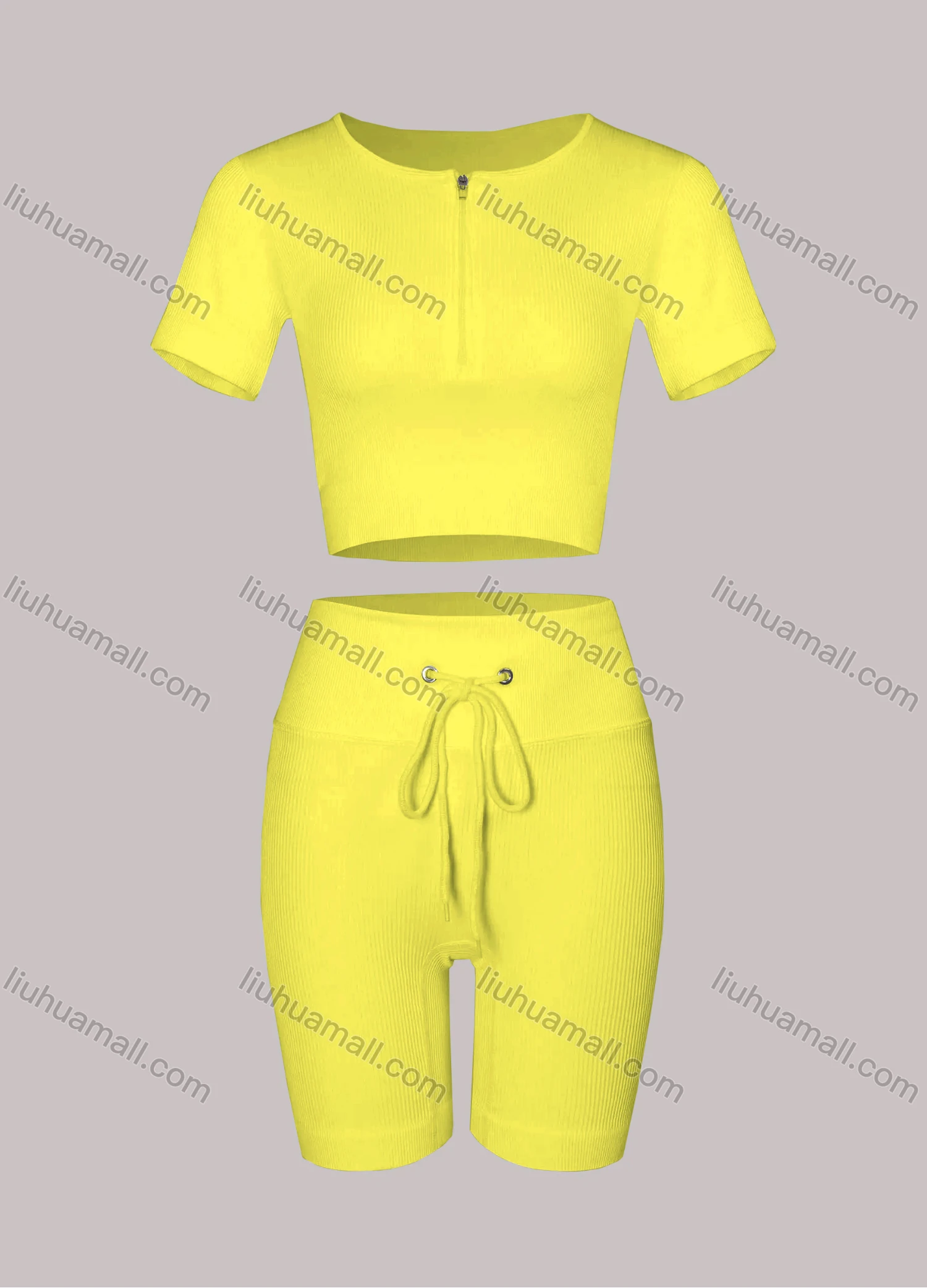 Wholesale Women's Sporty Half Zip Ribbed Crop Top & High Stretch Shorts 2-piece Set - Liuhuamall