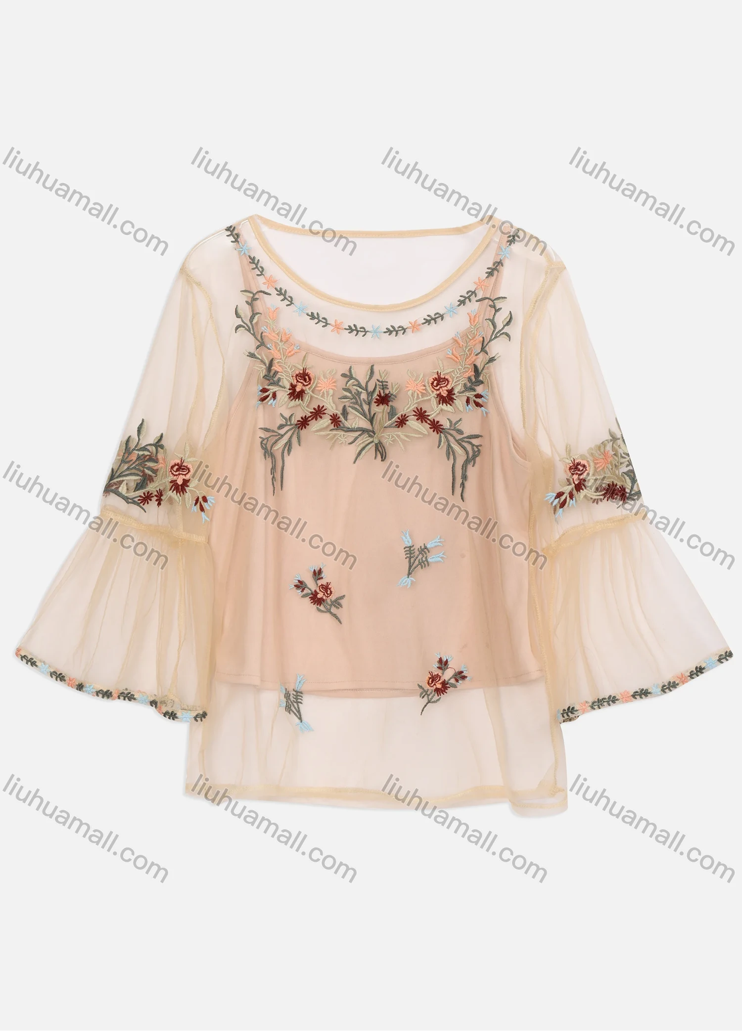 Wholesale Women's Casual Round Neck Embroidery Mesh Bell Sleeve Cover Up - Liuhuamall