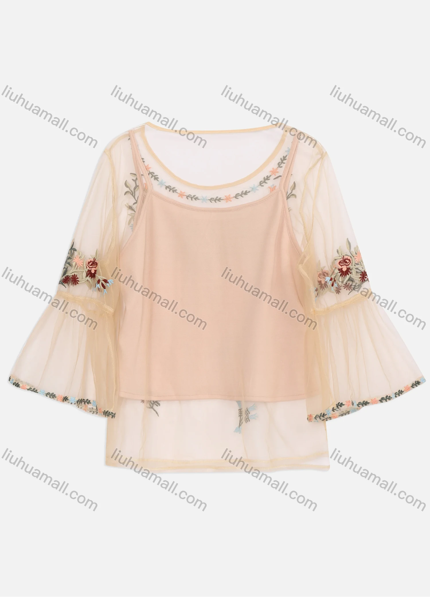 Wholesale Women's Casual Round Neck Embroidery Mesh Bell Sleeve Cover Up - Liuhuamall