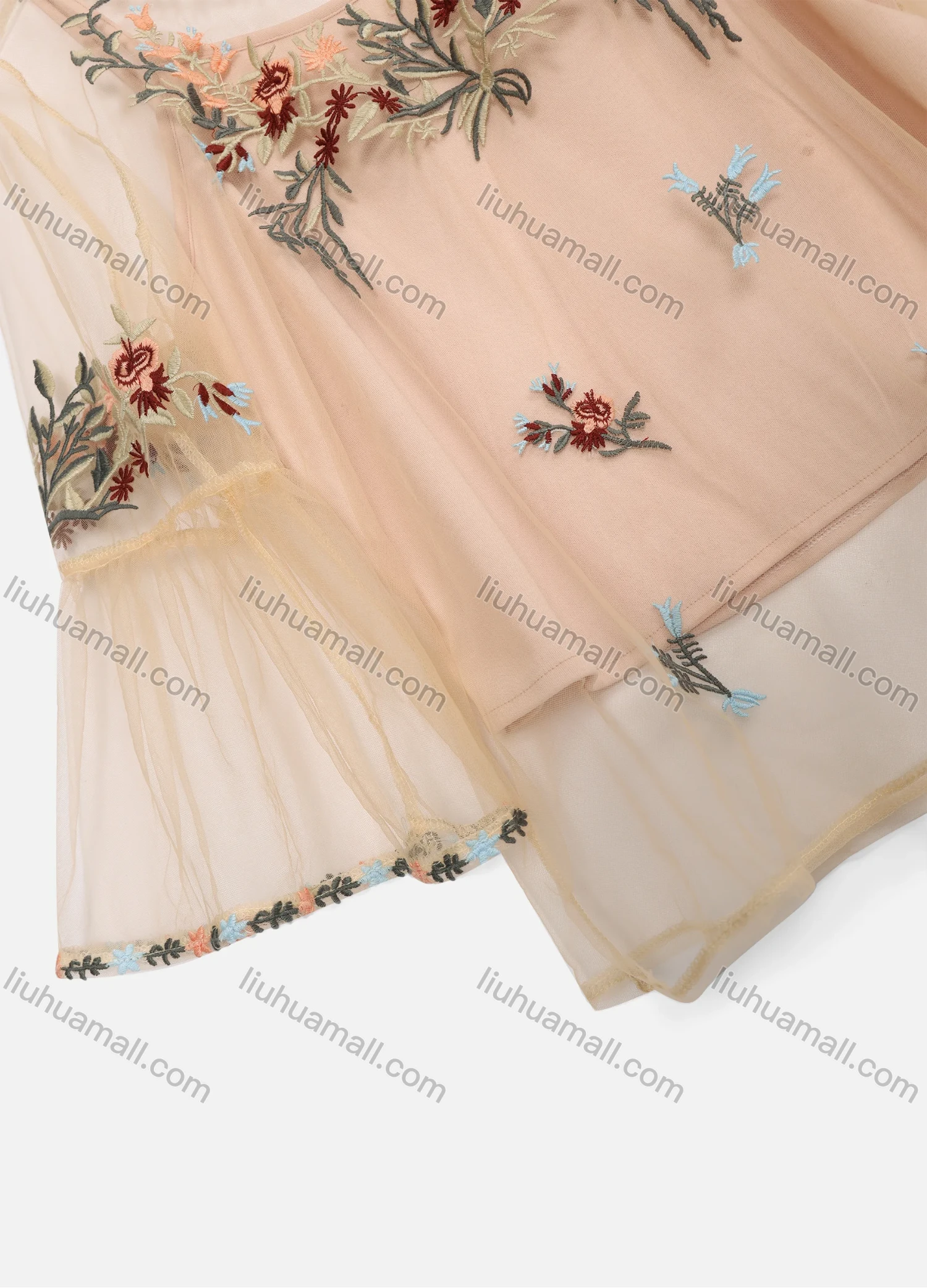 Wholesale Women's Casual Round Neck Embroidery Mesh Bell Sleeve Cover Up - Liuhuamall