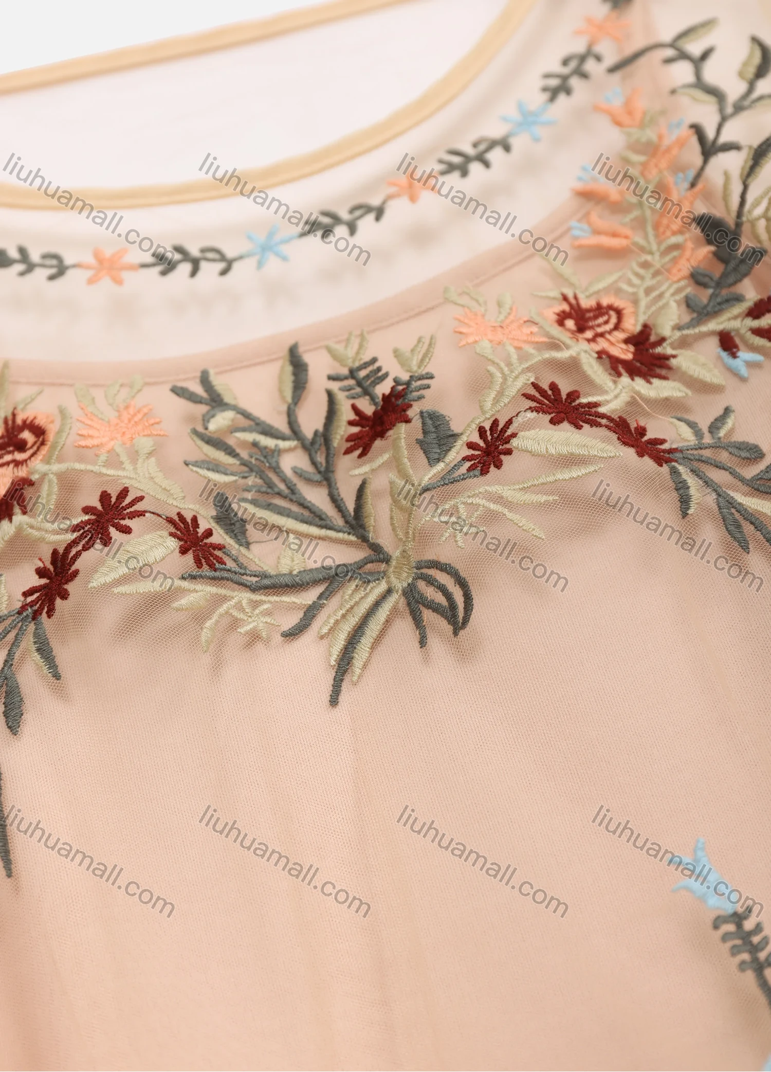 Wholesale Women's Casual Round Neck Embroidery Mesh Bell Sleeve Cover Up - Liuhuamall