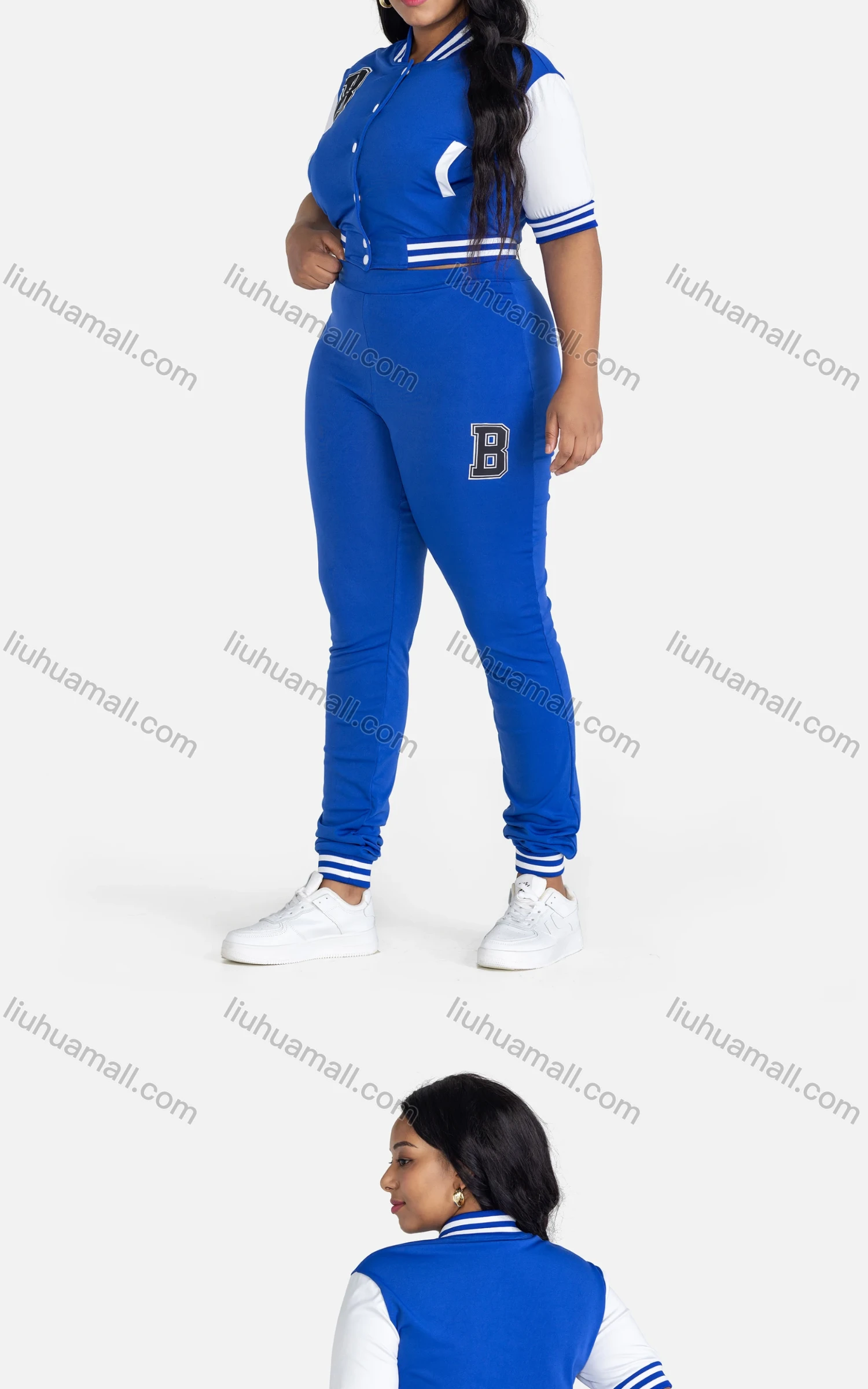 Wholesale Women's Casual Short Sleeve Crop Baseball Jacket & Sweatpants 2-piece Set - Liuhuamall