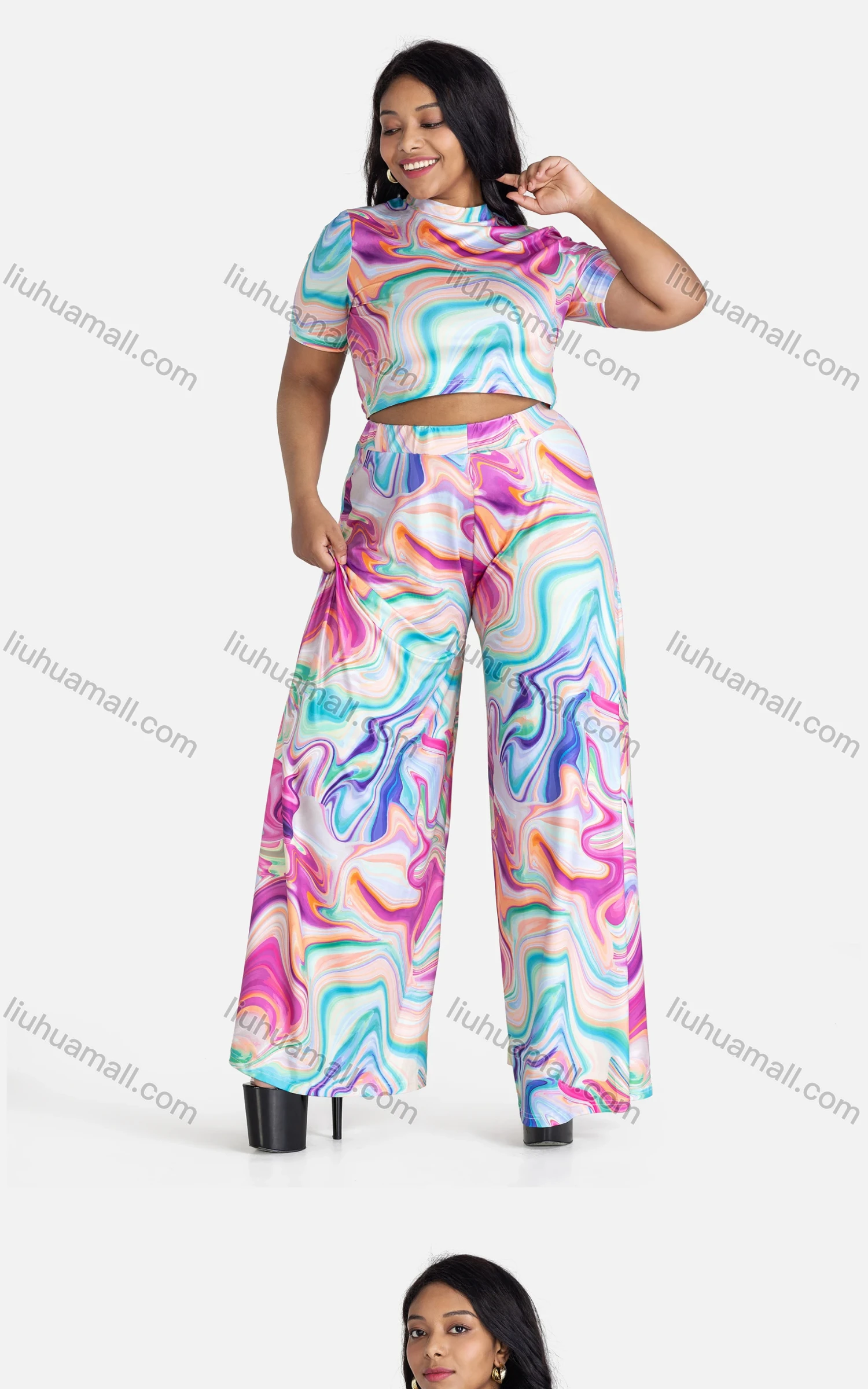 Wholesale Women's Casual Tie Dye Short Sleeve Crop Top & Wide Leg Pants 2-piece Set - Liuhuamall