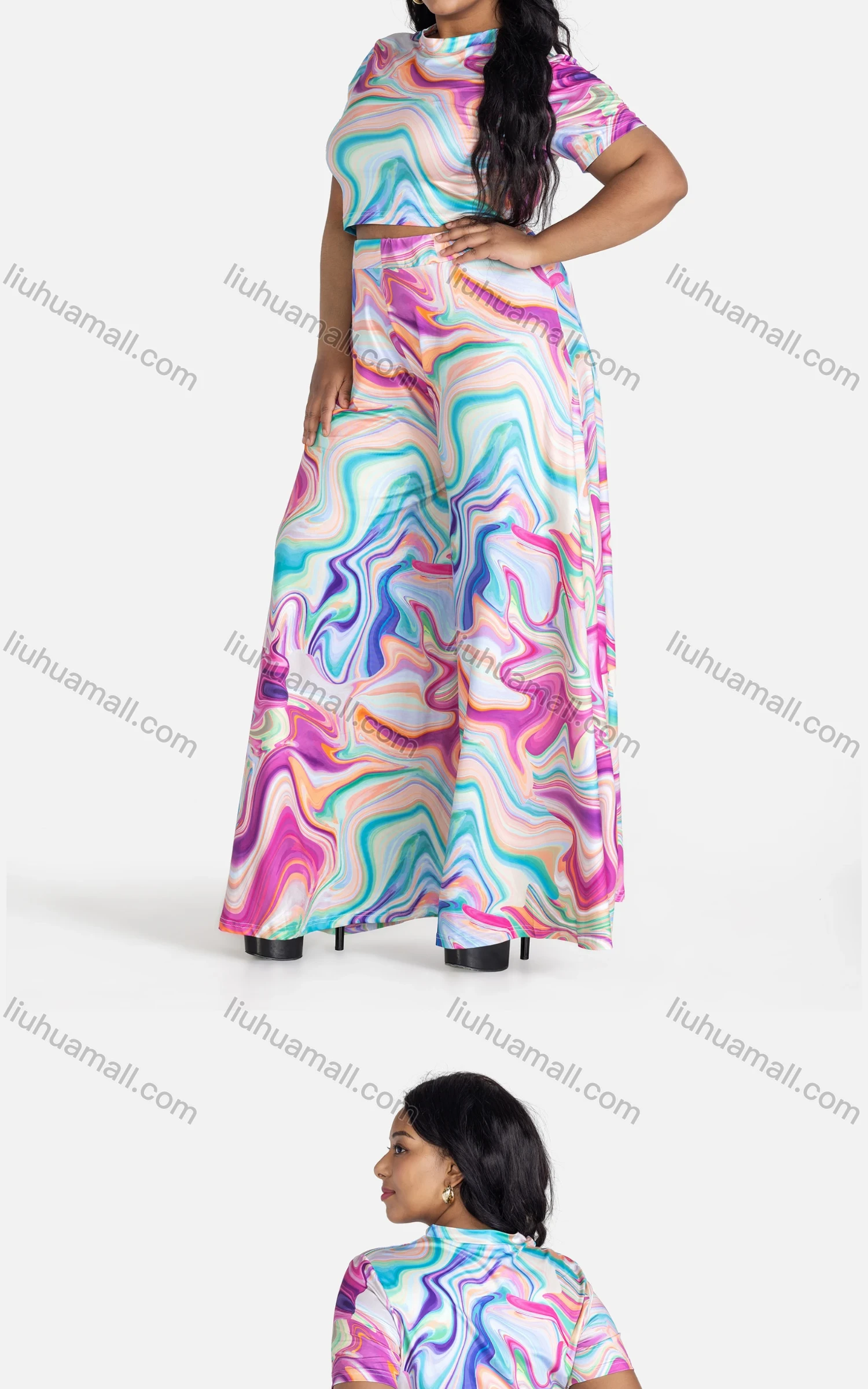 Wholesale Women's Casual Tie Dye Short Sleeve Crop Top & Wide Leg Pants 2-piece Set - Liuhuamall