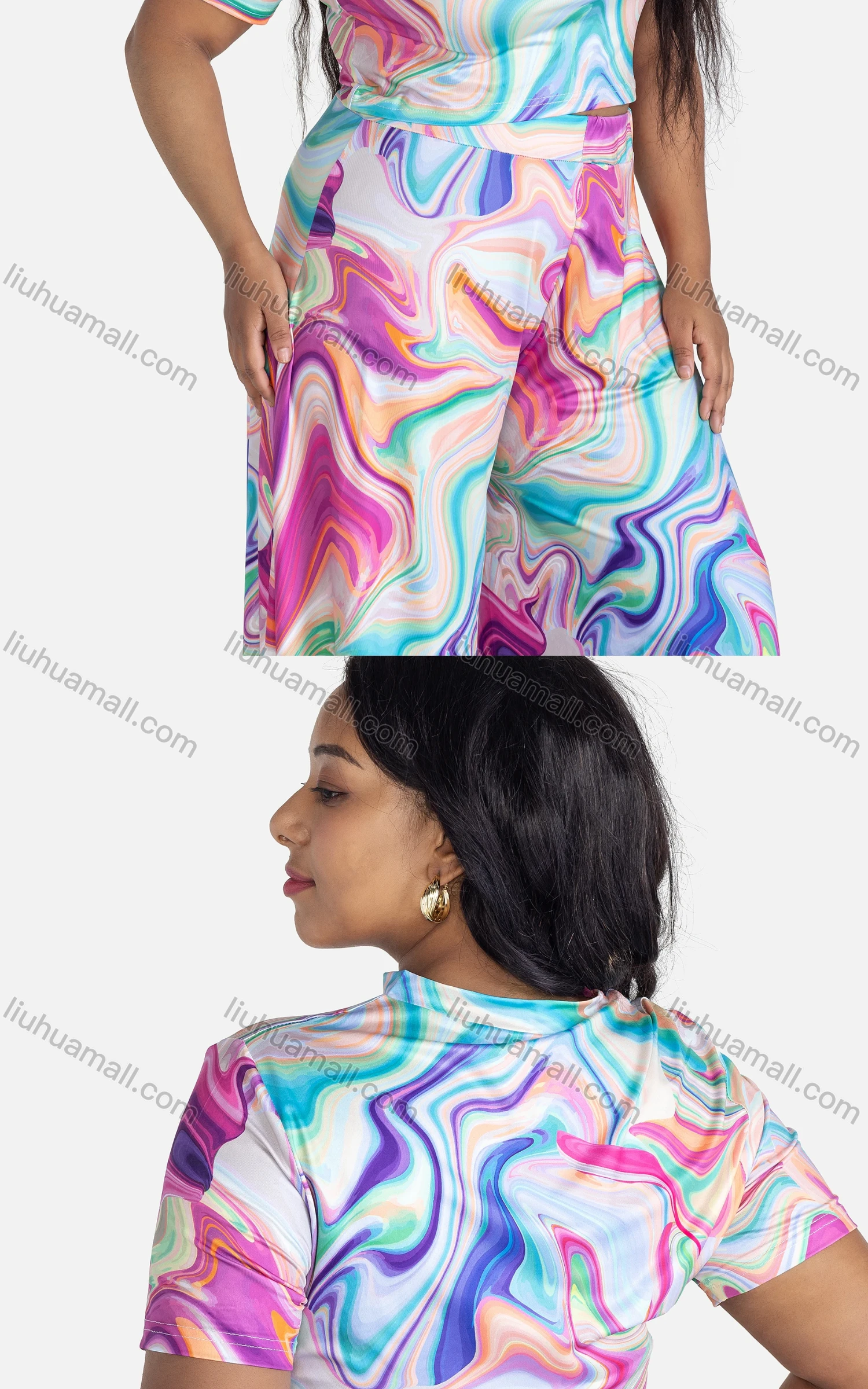 Wholesale Women's Casual Tie Dye Short Sleeve Crop Top & Wide Leg Pants 2-piece Set - Liuhuamall