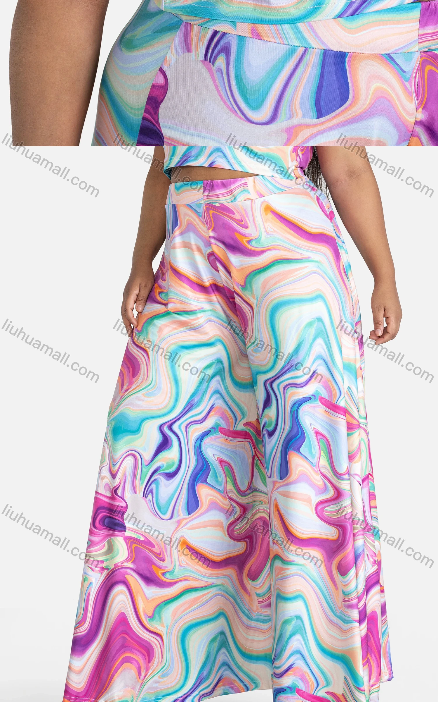 Wholesale Women's Casual Tie Dye Short Sleeve Crop Top & Wide Leg Pants 2-piece Set - Liuhuamall