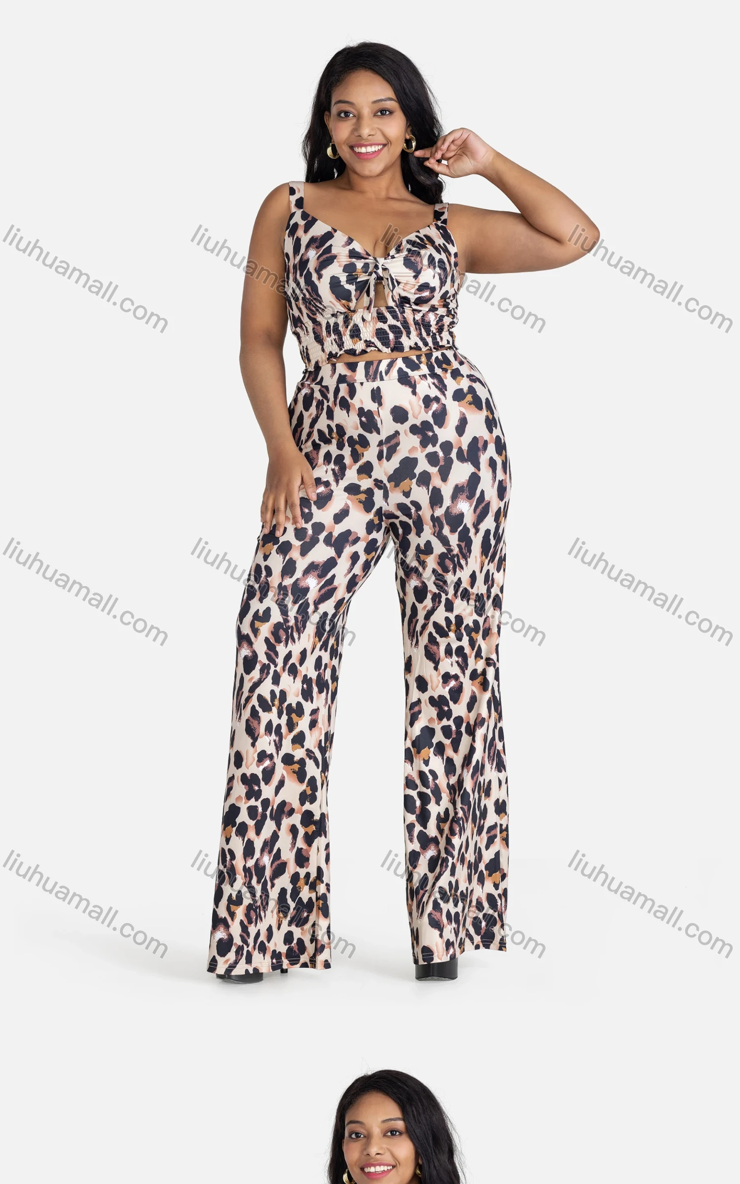 Wholesale Women's Casual Tie Front Leopard Shirred Cami Top & Pants 2-piece Set - Liuhuamall