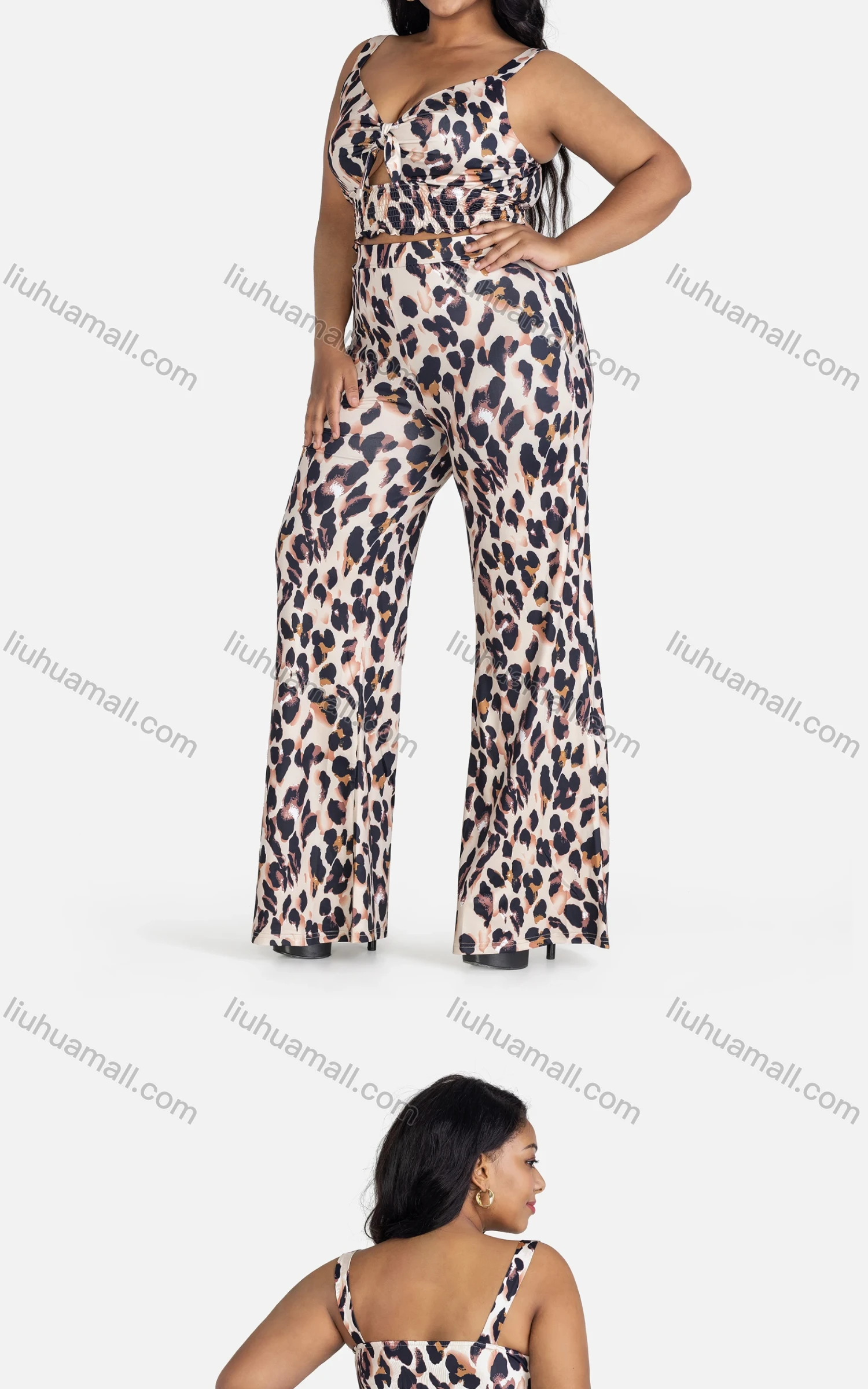 Wholesale Women's Casual Tie Front Leopard Shirred Cami Top & Pants 2-piece Set - Liuhuamall