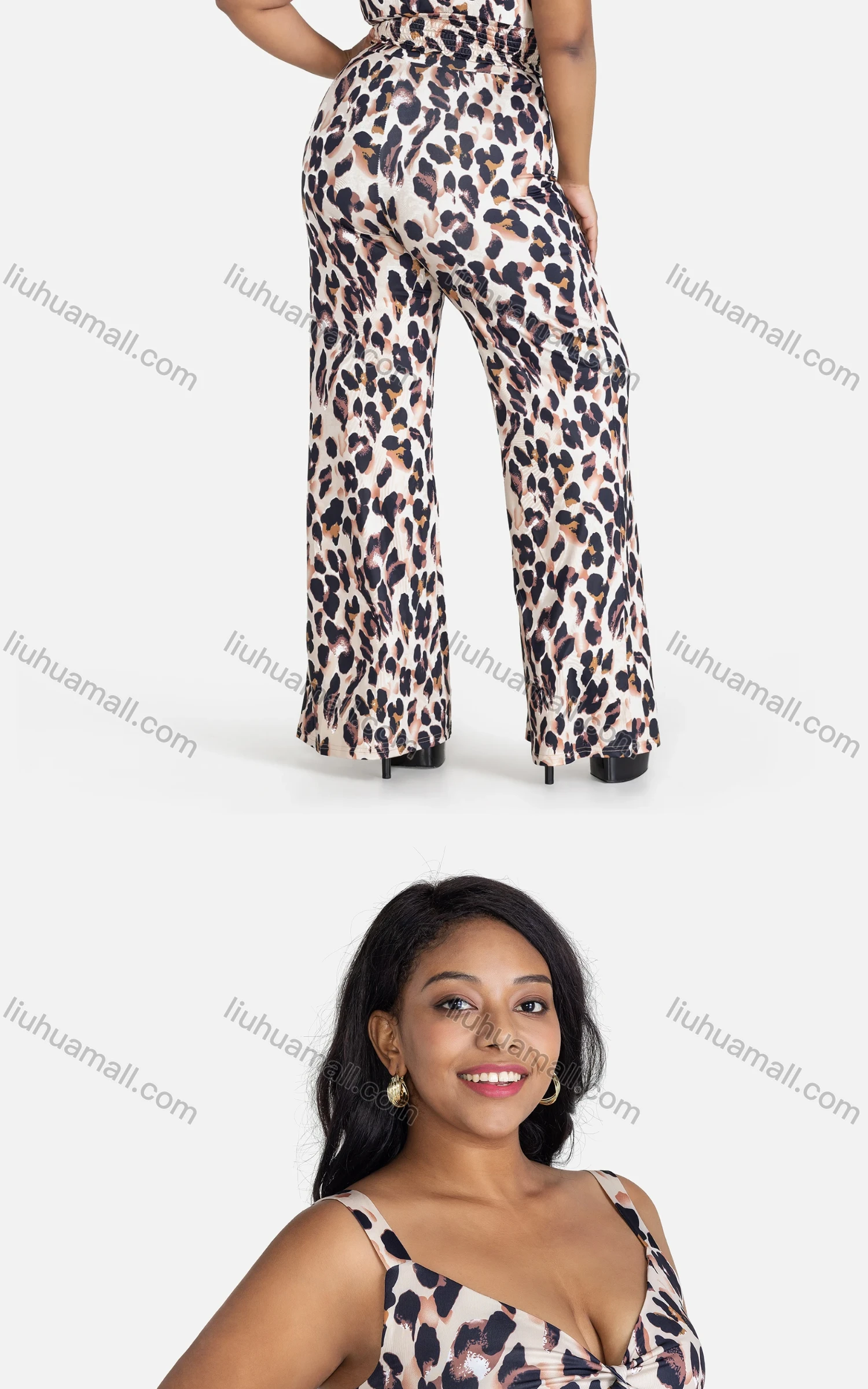 Wholesale Women's Casual Tie Front Leopard Shirred Cami Top & Pants 2-piece Set - Liuhuamall