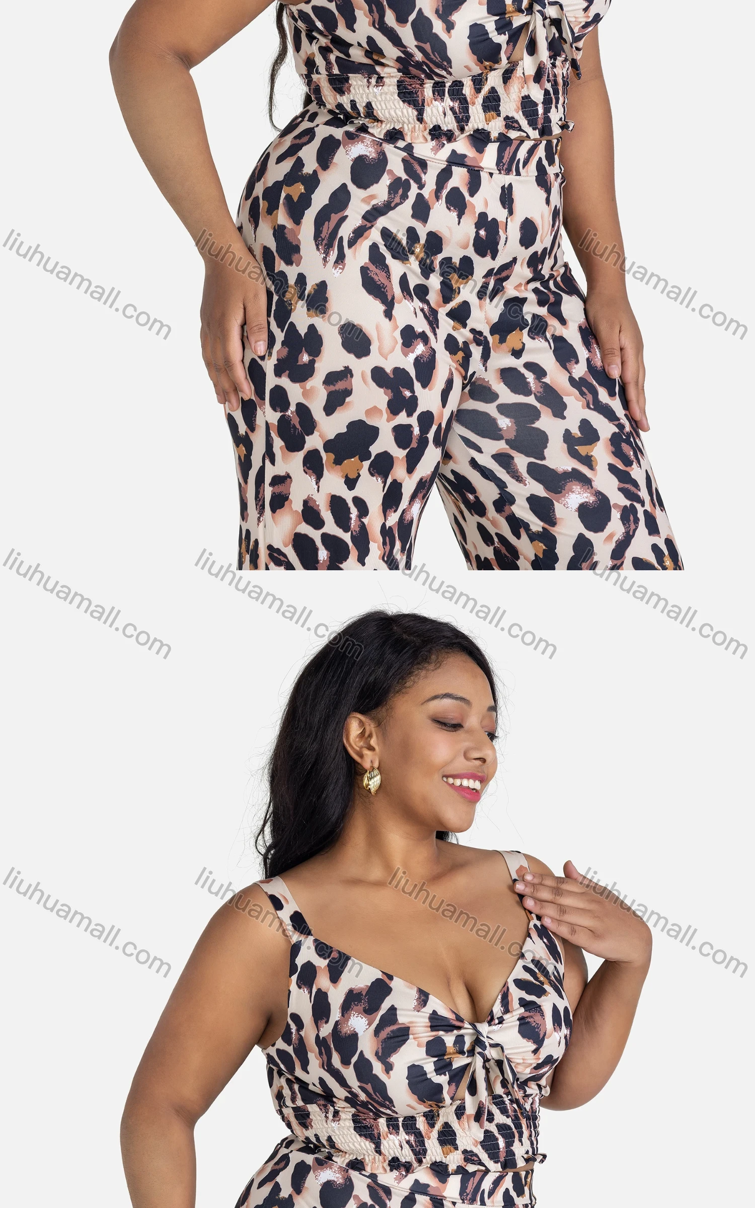 Wholesale Women's Casual Tie Front Leopard Shirred Cami Top & Pants 2-piece Set - Liuhuamall