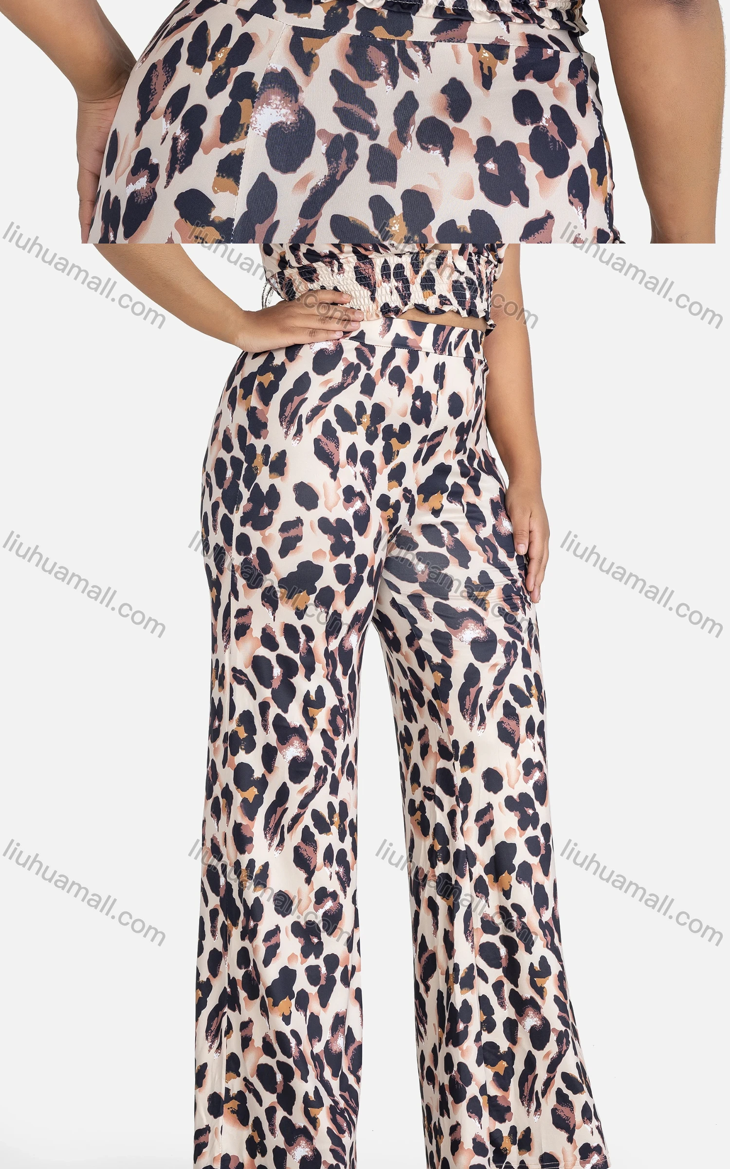 Wholesale Women's Casual Tie Front Leopard Shirred Cami Top & Pants 2-piece Set - Liuhuamall