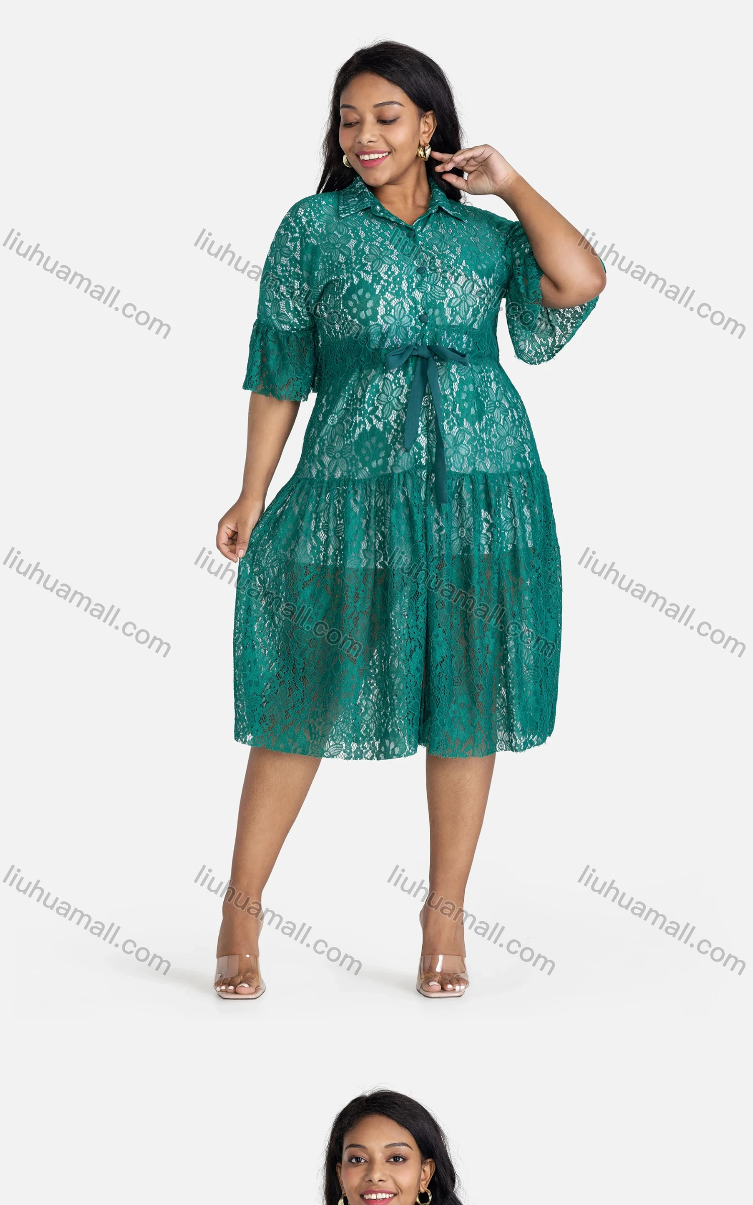 Wholesale Women's Casual Loose Fit Tie Front Guipure Lace Button Front Midi Dress - Liuhuamall