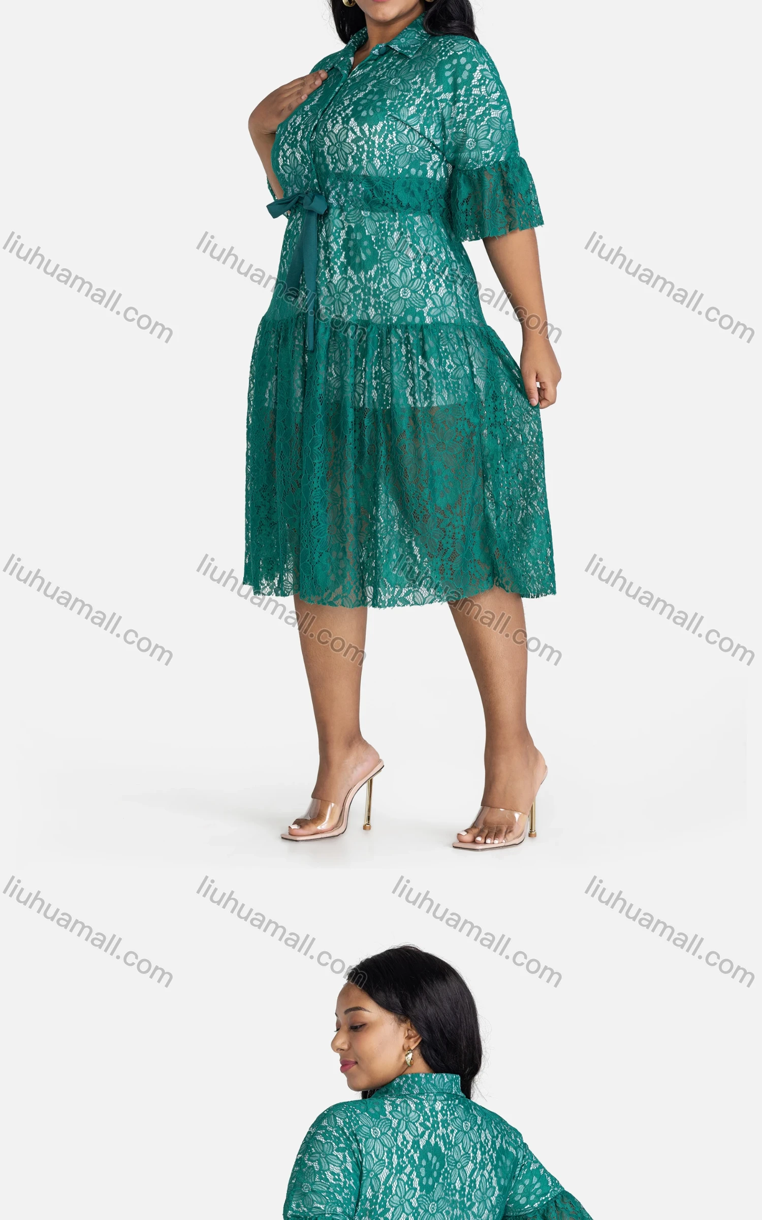 Wholesale Women's Casual Loose Fit Tie Front Guipure Lace Button Front Midi Dress - Liuhuamall
