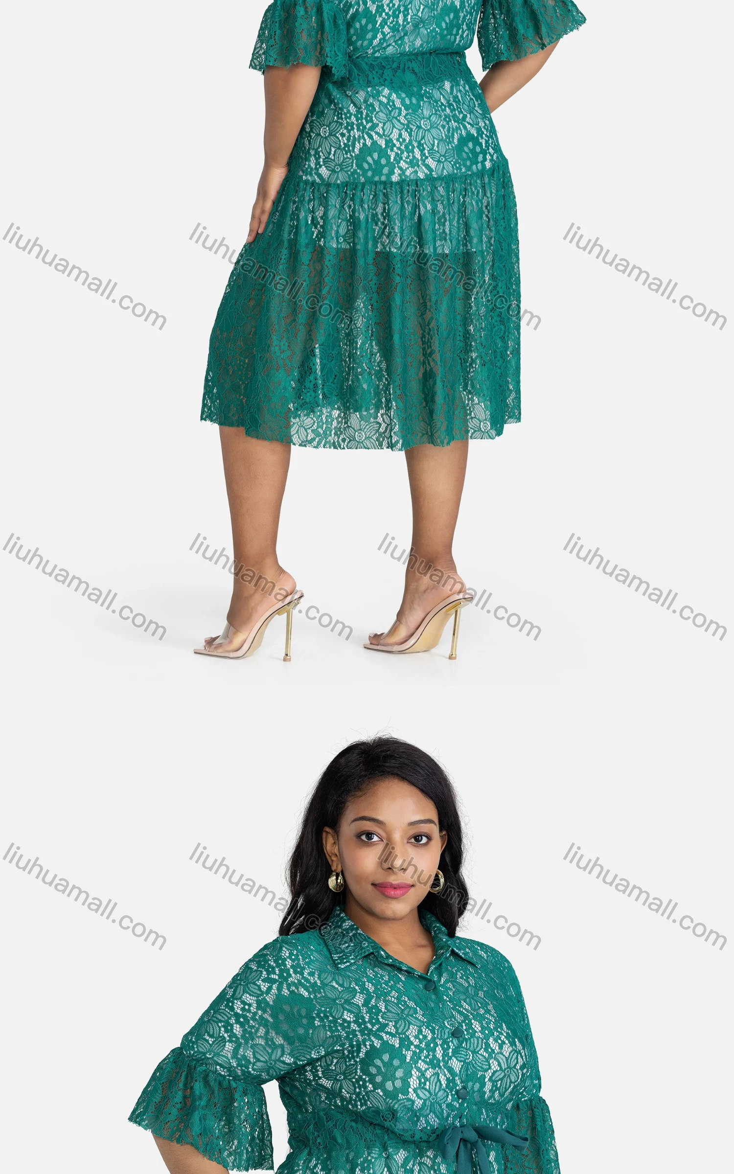 Wholesale Women's Casual Loose Fit Tie Front Guipure Lace Button Front Midi Dress - Liuhuamall