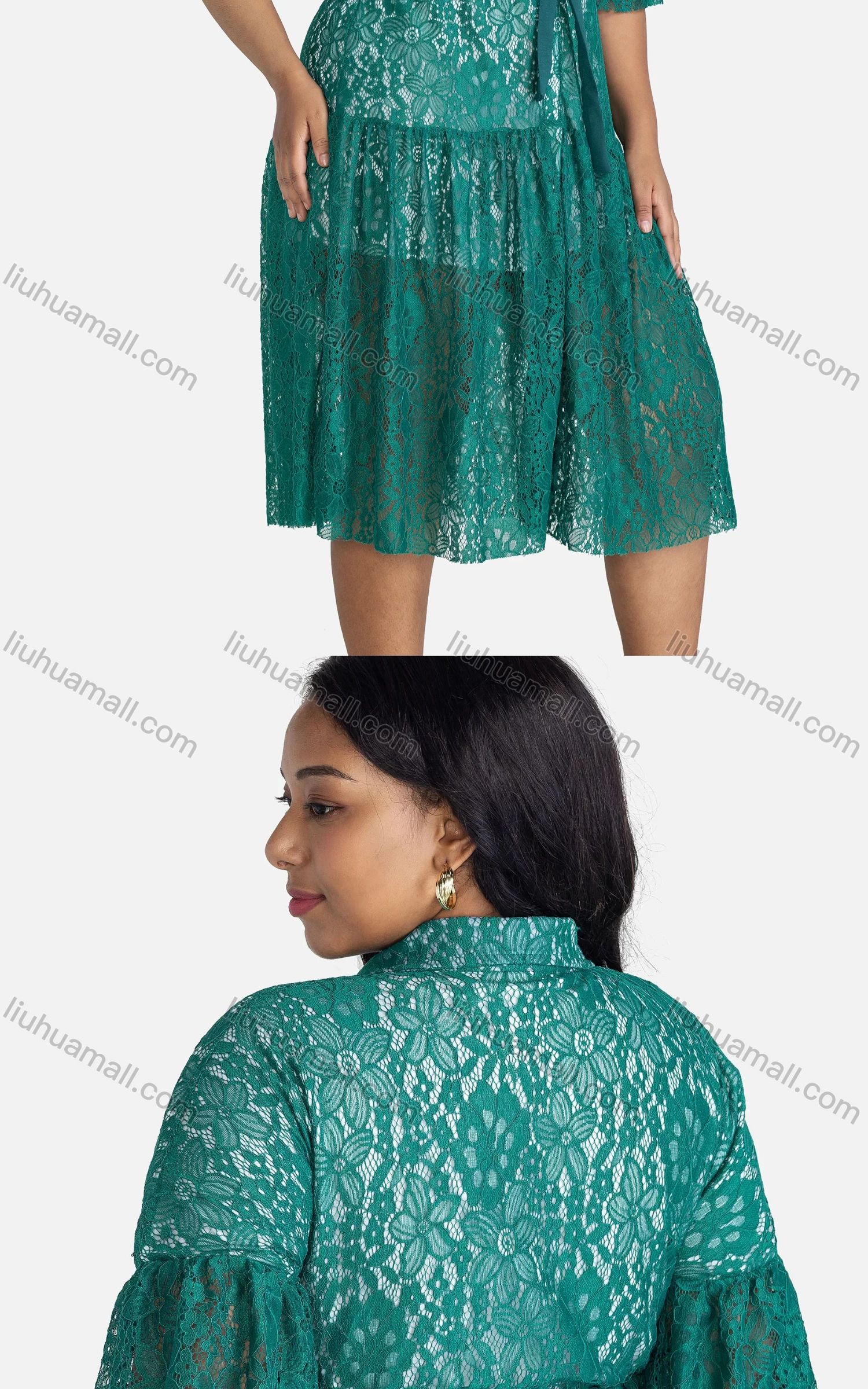 Wholesale Women's Casual Loose Fit Tie Front Guipure Lace Button Front Midi Dress - Liuhuamall